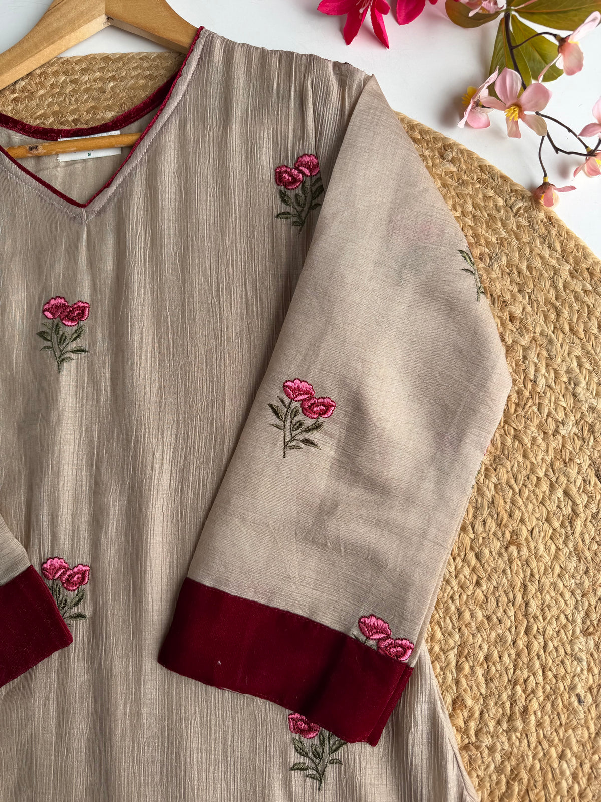 K083 - Crushed Mul cotton embroidered Aline Kurti with pants and dupatta