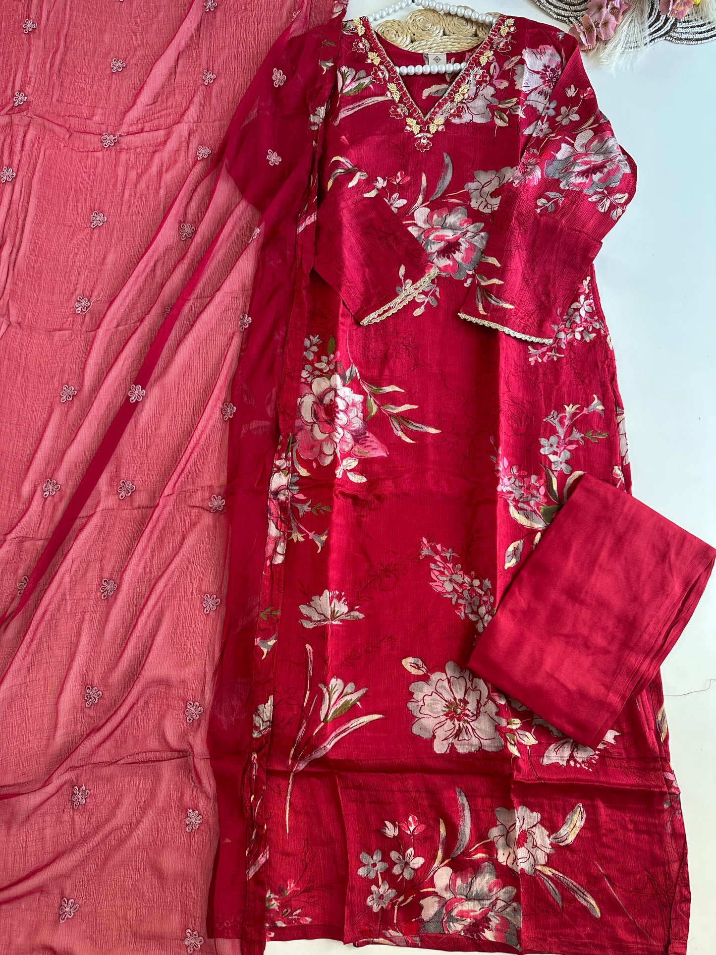 D352 - Chinnon straight kurti with pants and dupatta