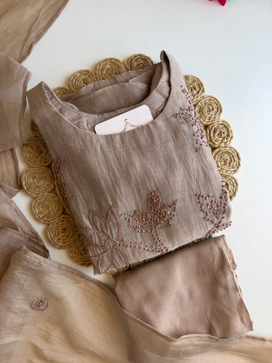 K056 - Mul chanderi French knot embroidered Aline Kurti with pants and dupatta in 2 colours