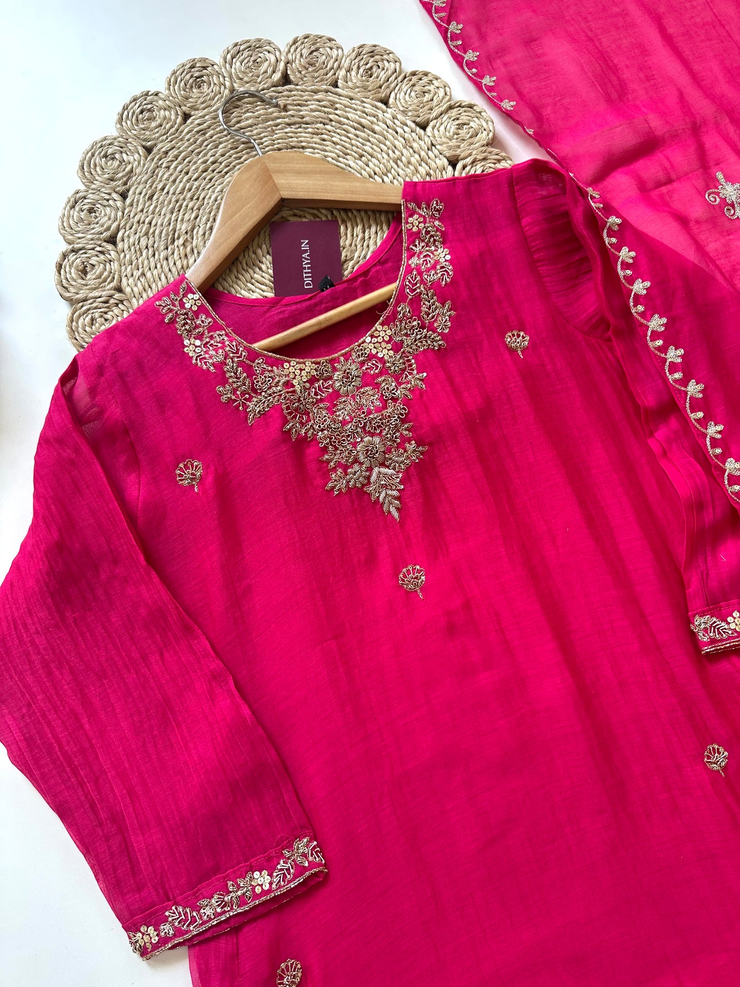 K170 - Zardosi work Mul Chanderi Aline Kurti with pants and dupatta.