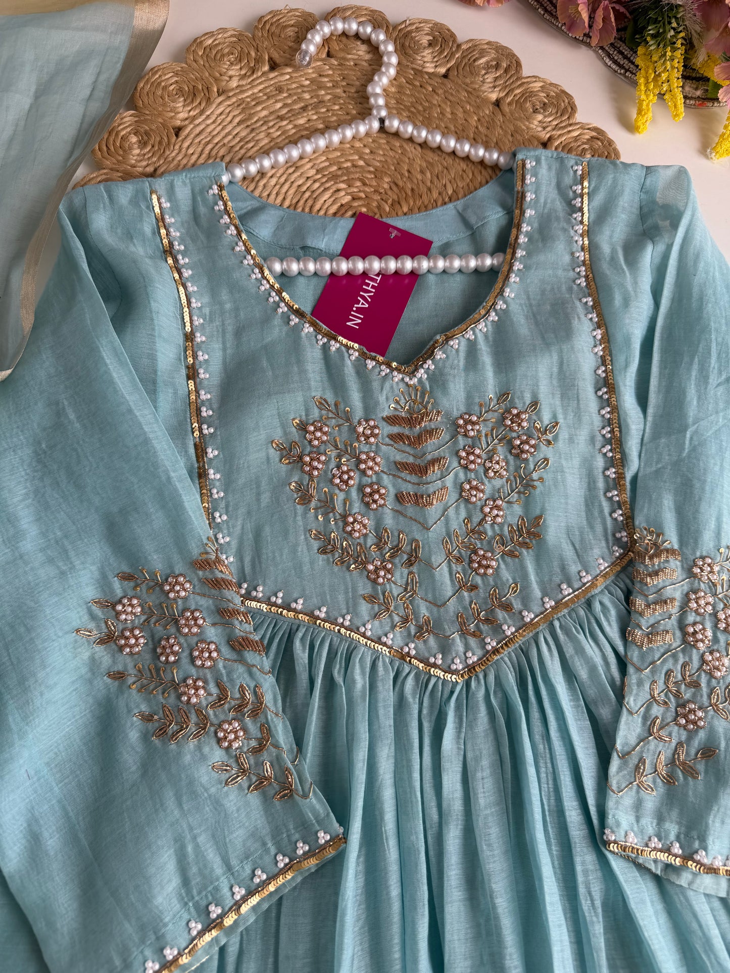 K513 - Mul chanderi handwork Anarkali with pants and dupatta