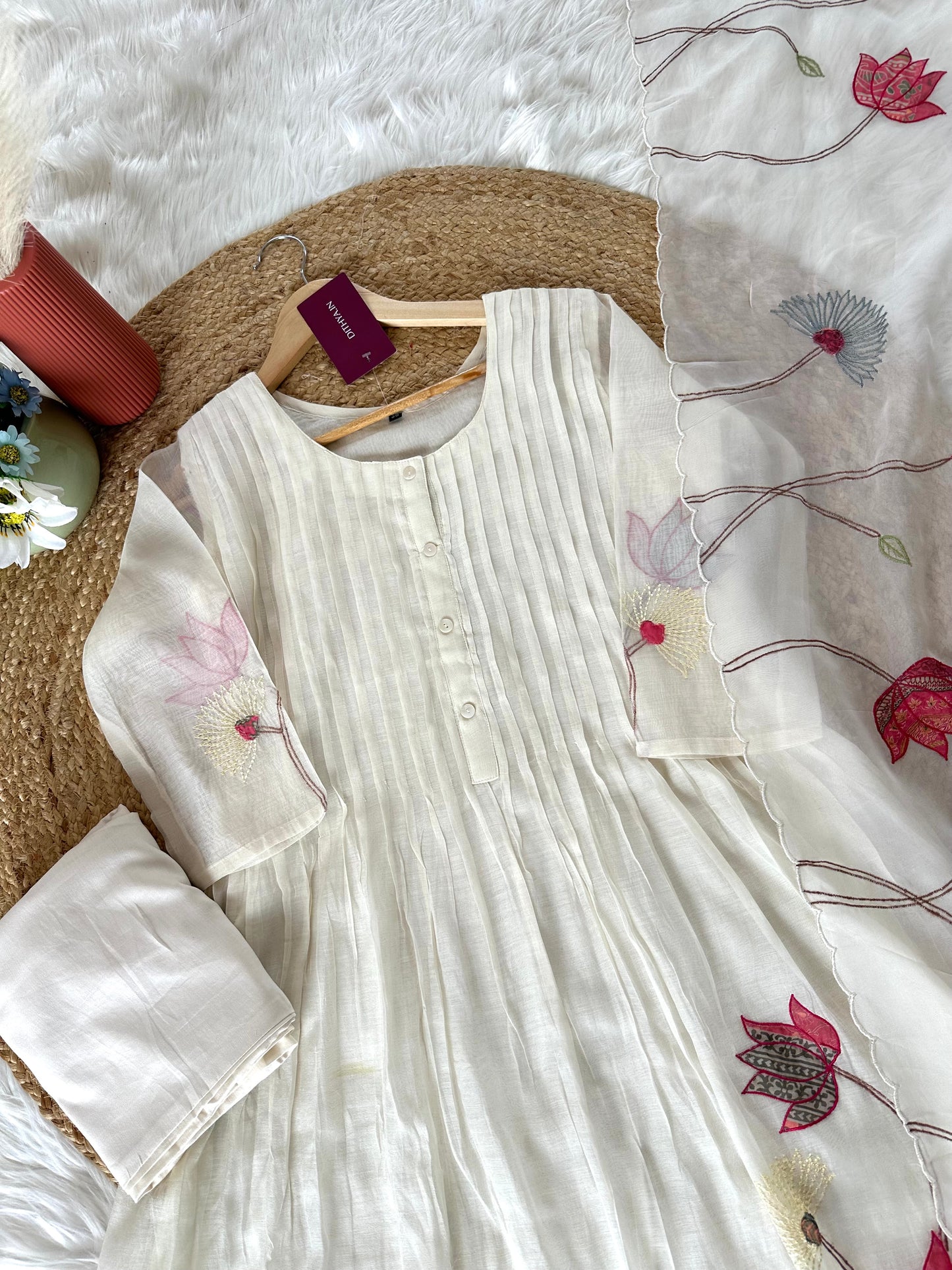 K304 - Mul Chanderi appliqué work Aline Kurti with pants and dupatta in 2 colours