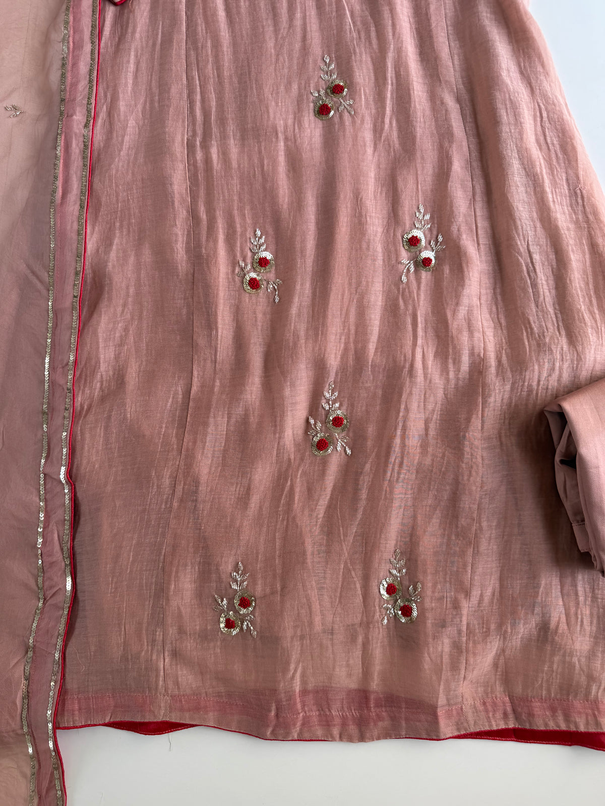 K484 - Mul chanderi handwork aline Kurti with pants and dupatta