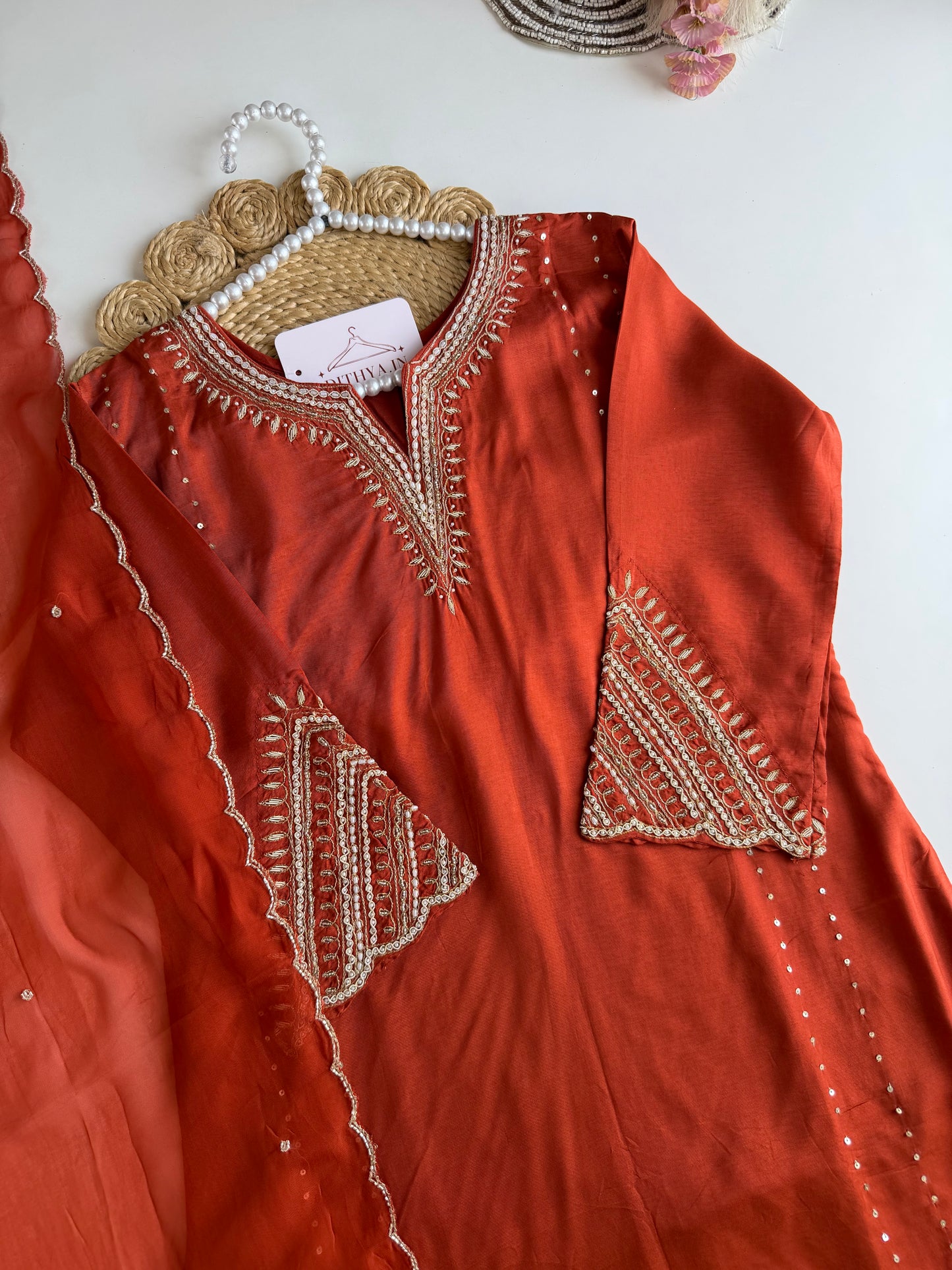 K534 - Russian silk handwork straight Kurti with pants and dupatta