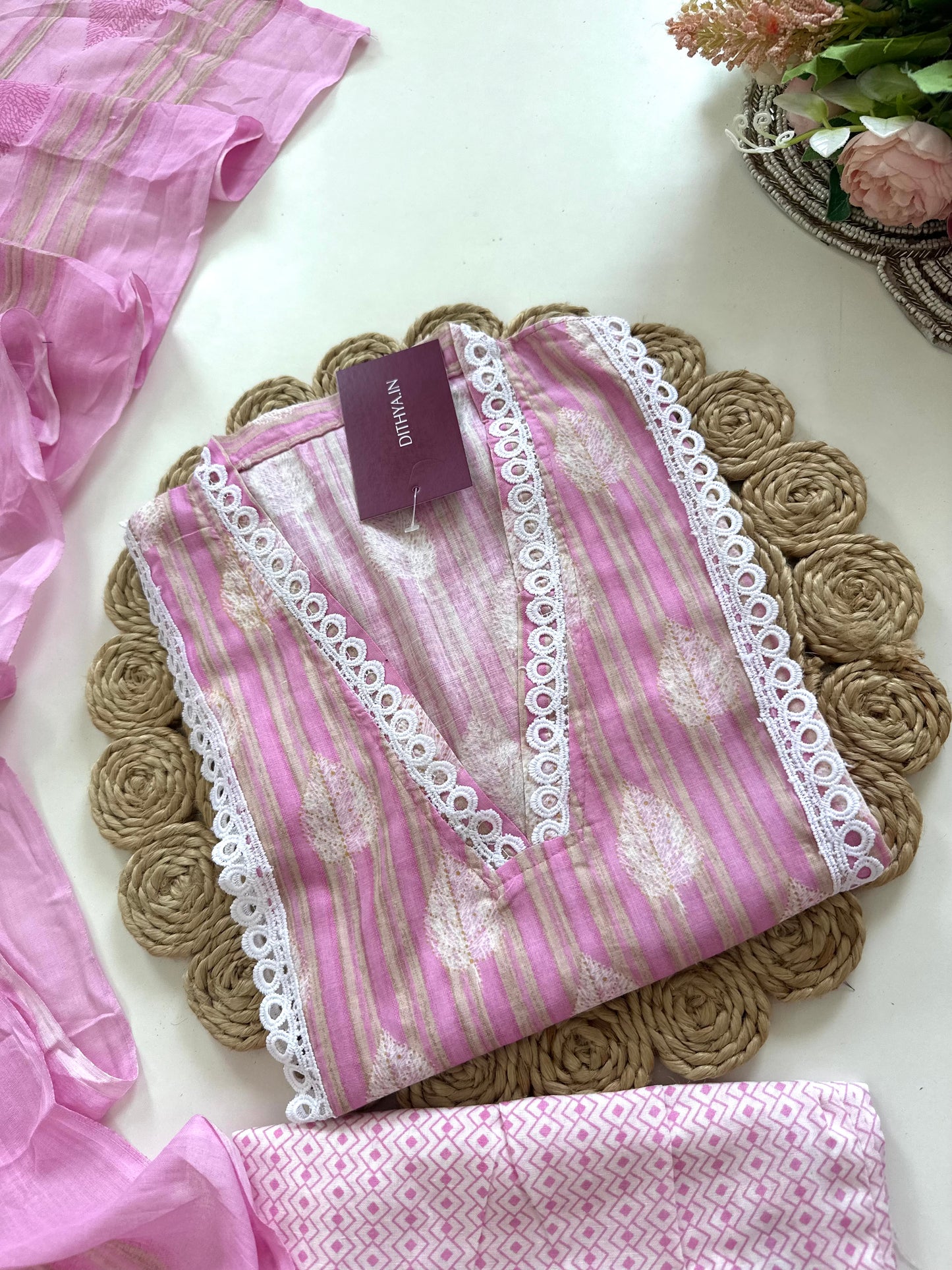 K096 - Cotton Lace work straight kurti with pants and dupatta in 2 colours