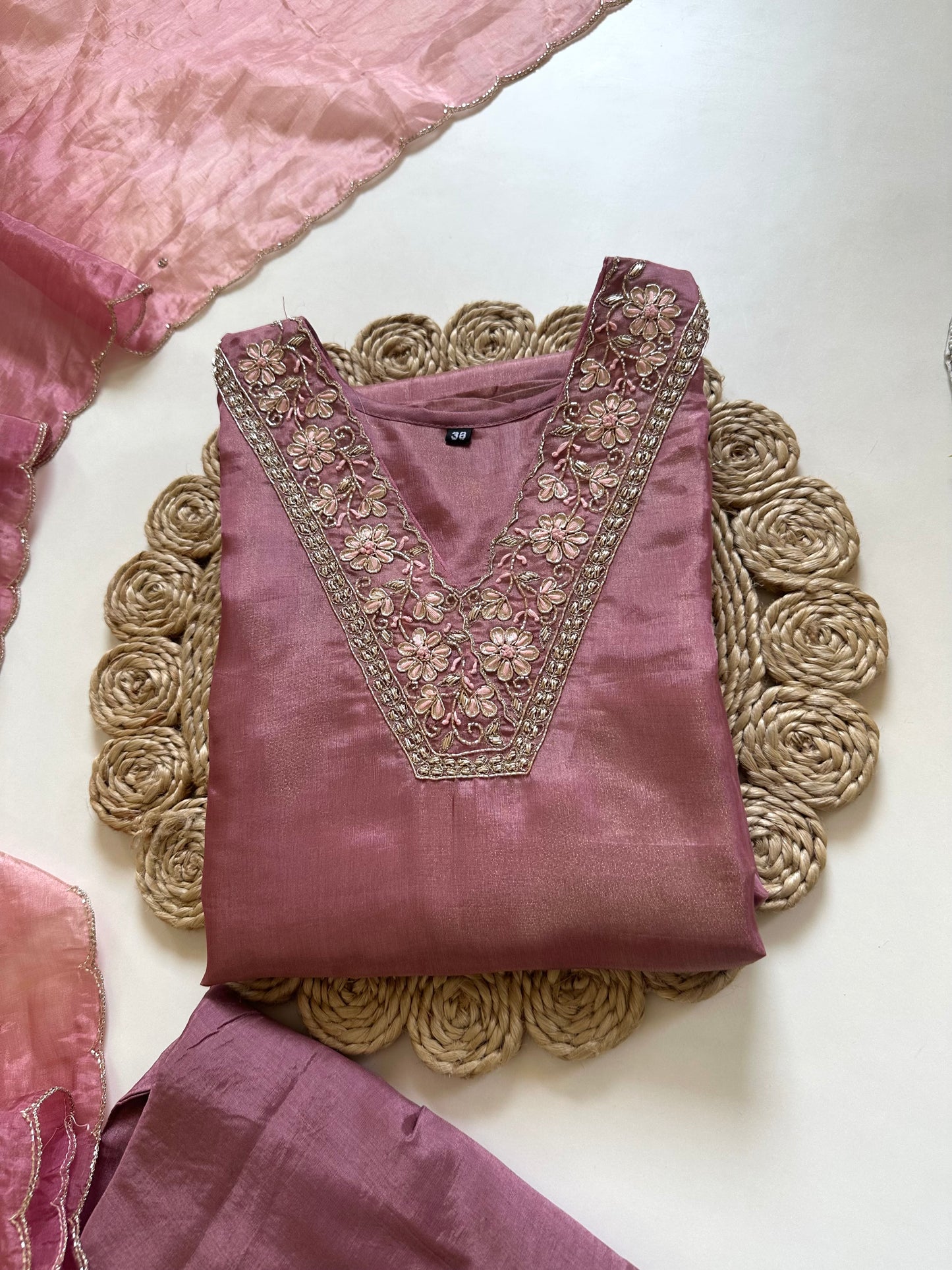 K099 - Tissue silk handwork straight kurti with pants and dupatta .