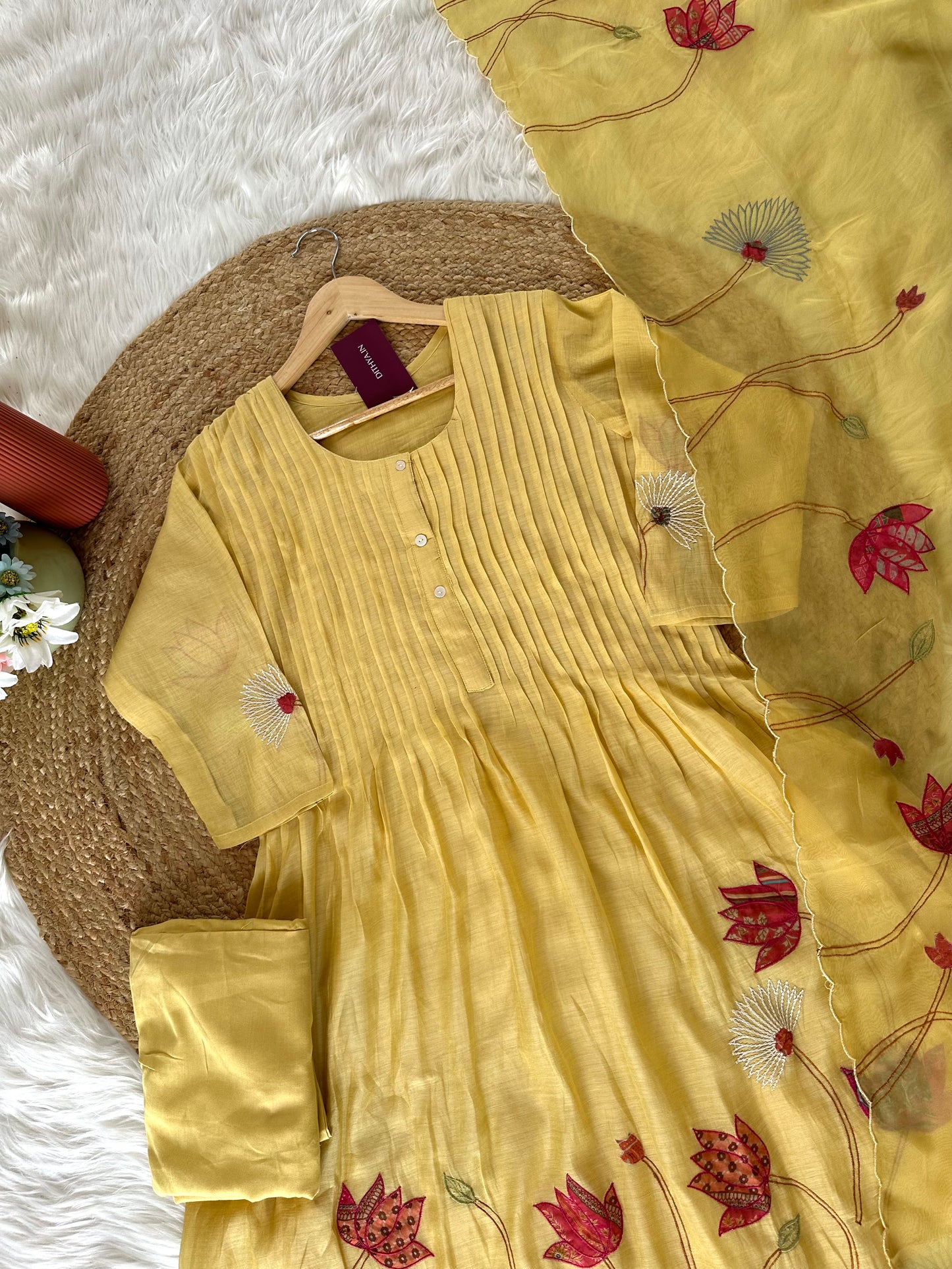 K304 - Mul Chanderi appliqué work Aline Kurti with pants and dupatta in 2 colours