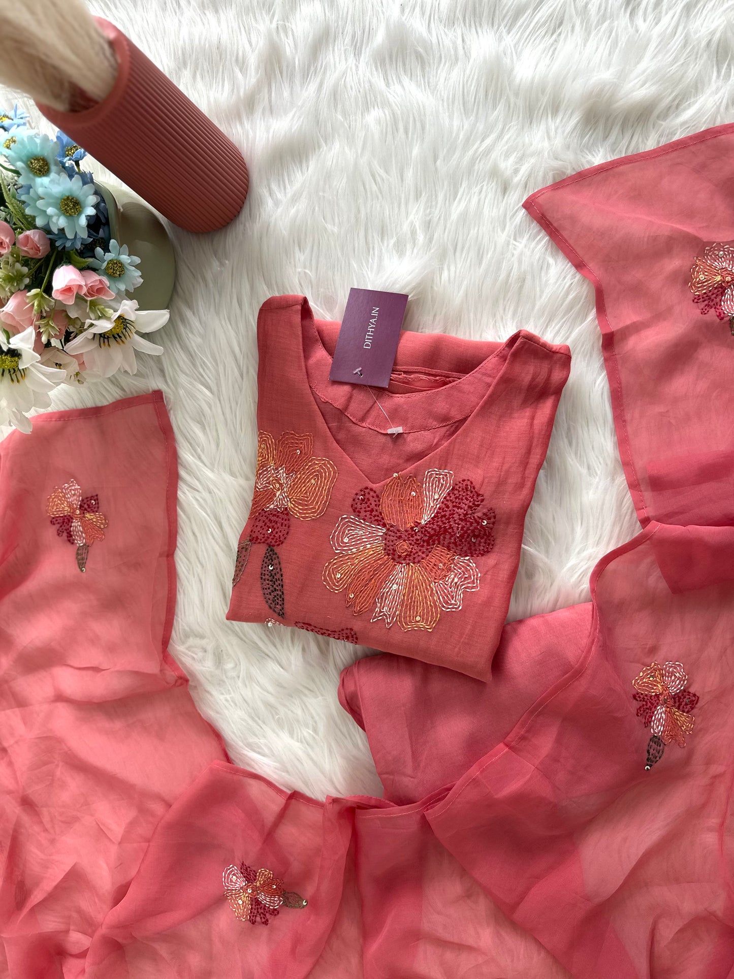 K261 - Mul Chanderi Embroidered Aline Kurti with pants and dupatta