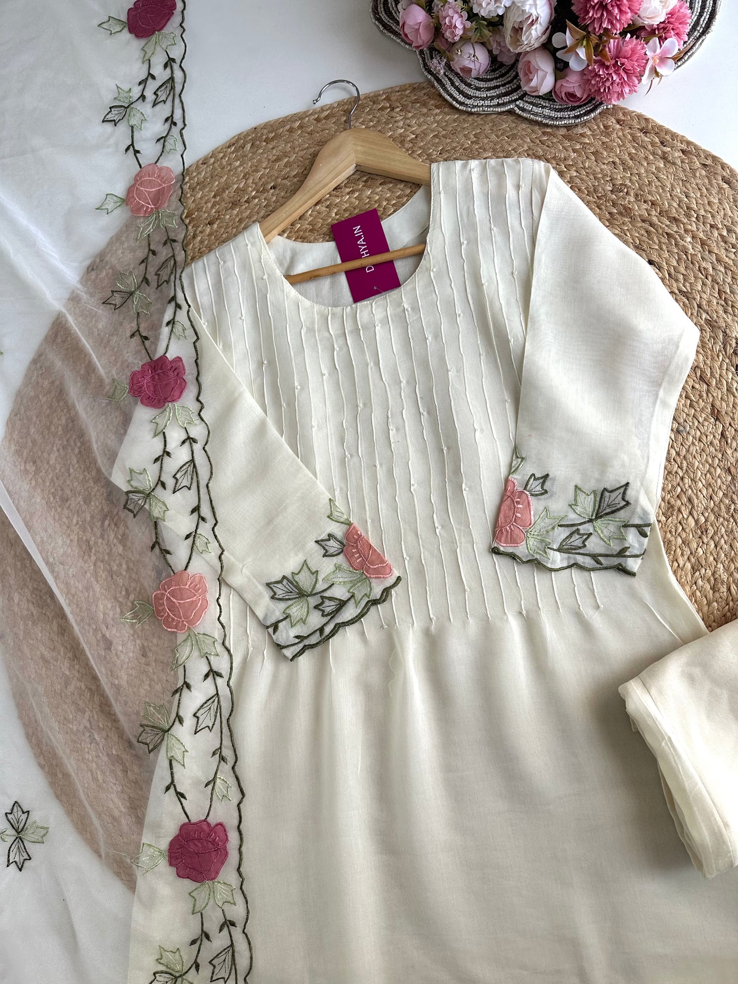K291 - Mul Chanderi appliqué work Aline Kurti with pants and dupatta