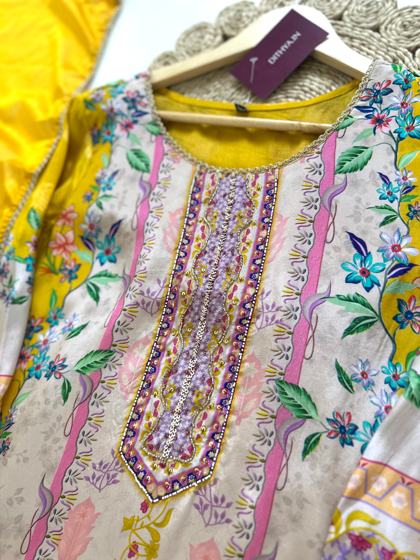 K070 - Pure crepe floral printed Aline Kurti with pants and dupatta