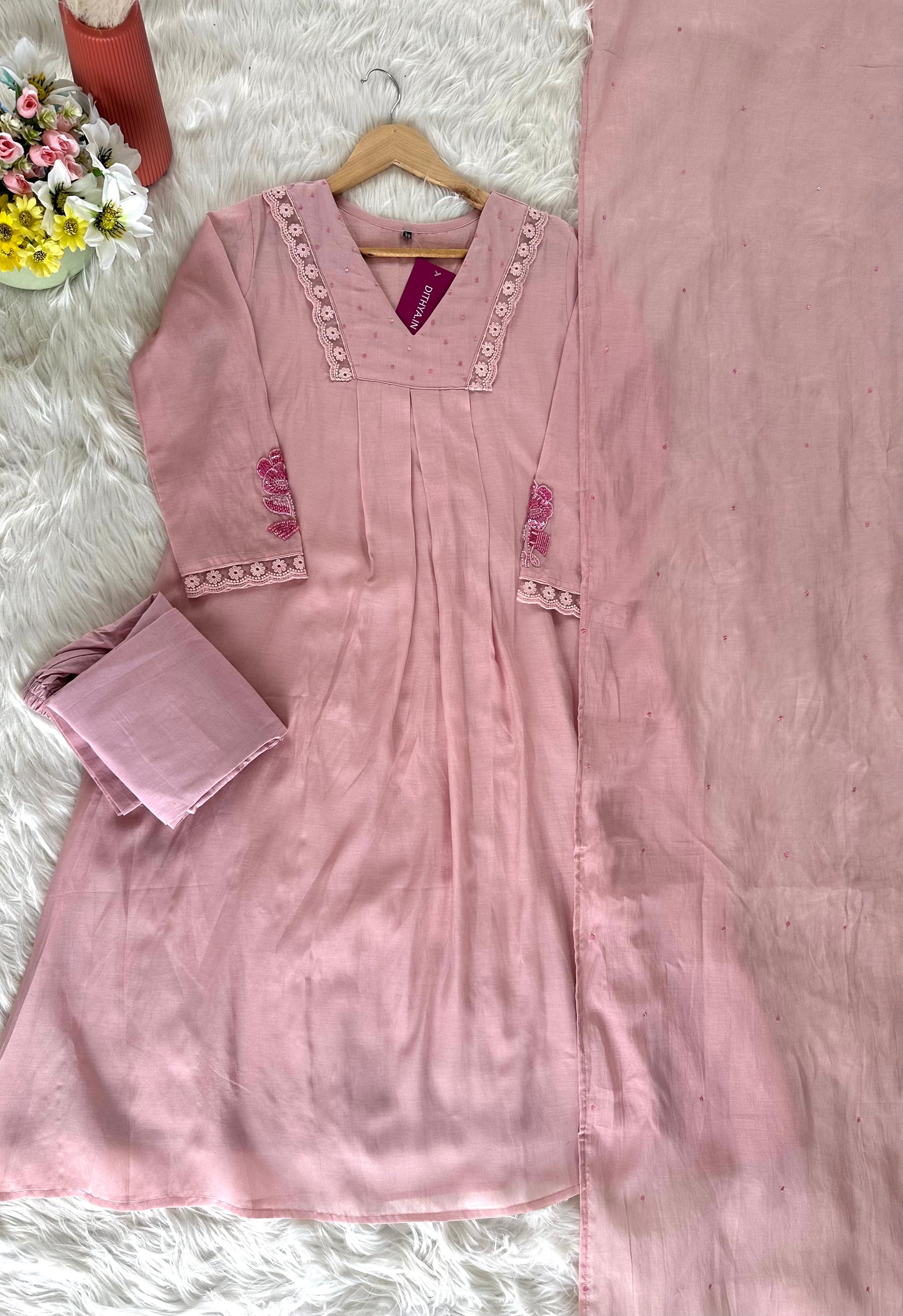 K065 - Mul Chanderi handwork Aline Kurti with pants and dupatta in 3 colours