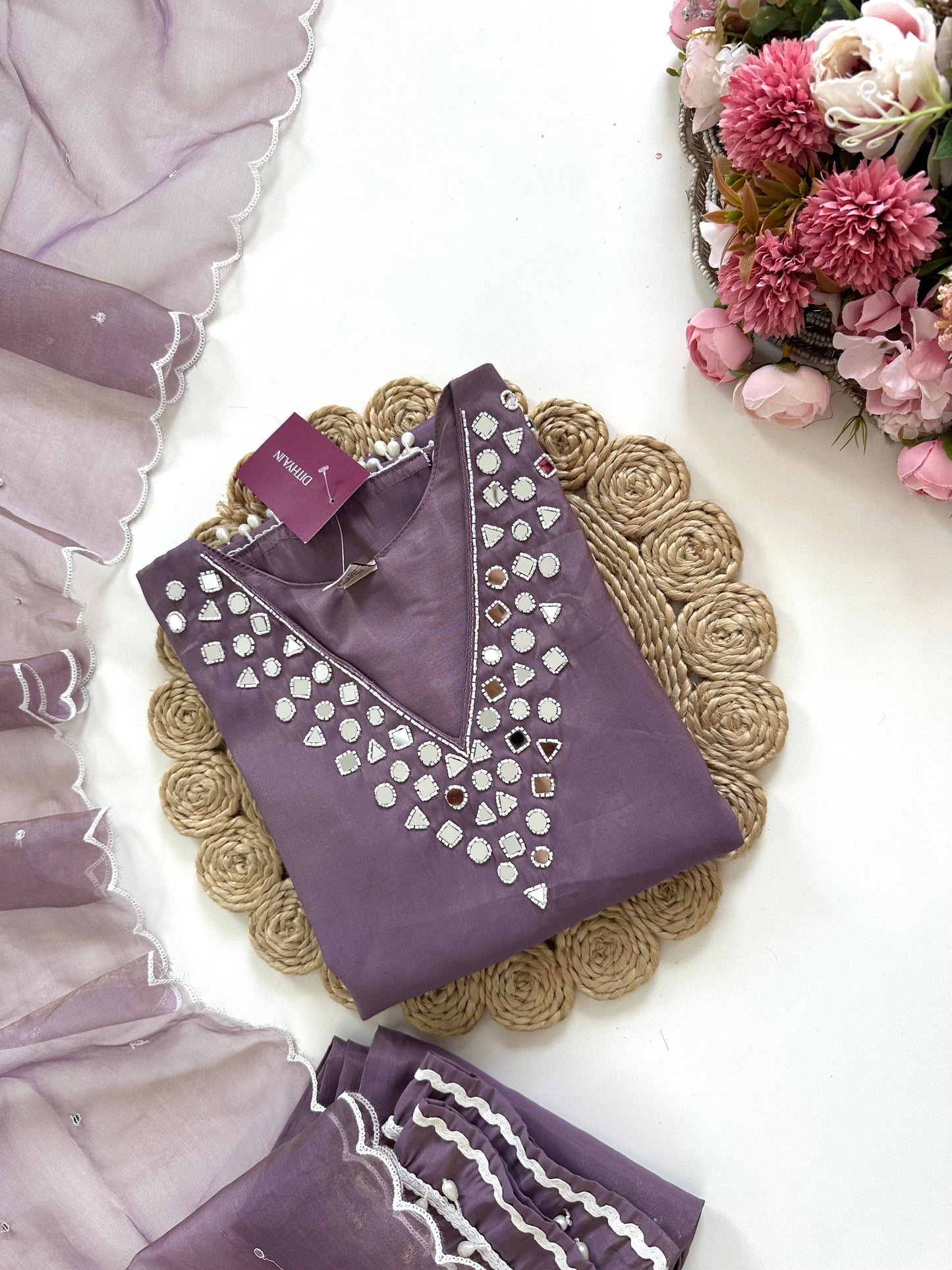 K209 - Shimmer silk mirror work straight Kurti with pants and dupatta in 3 colours