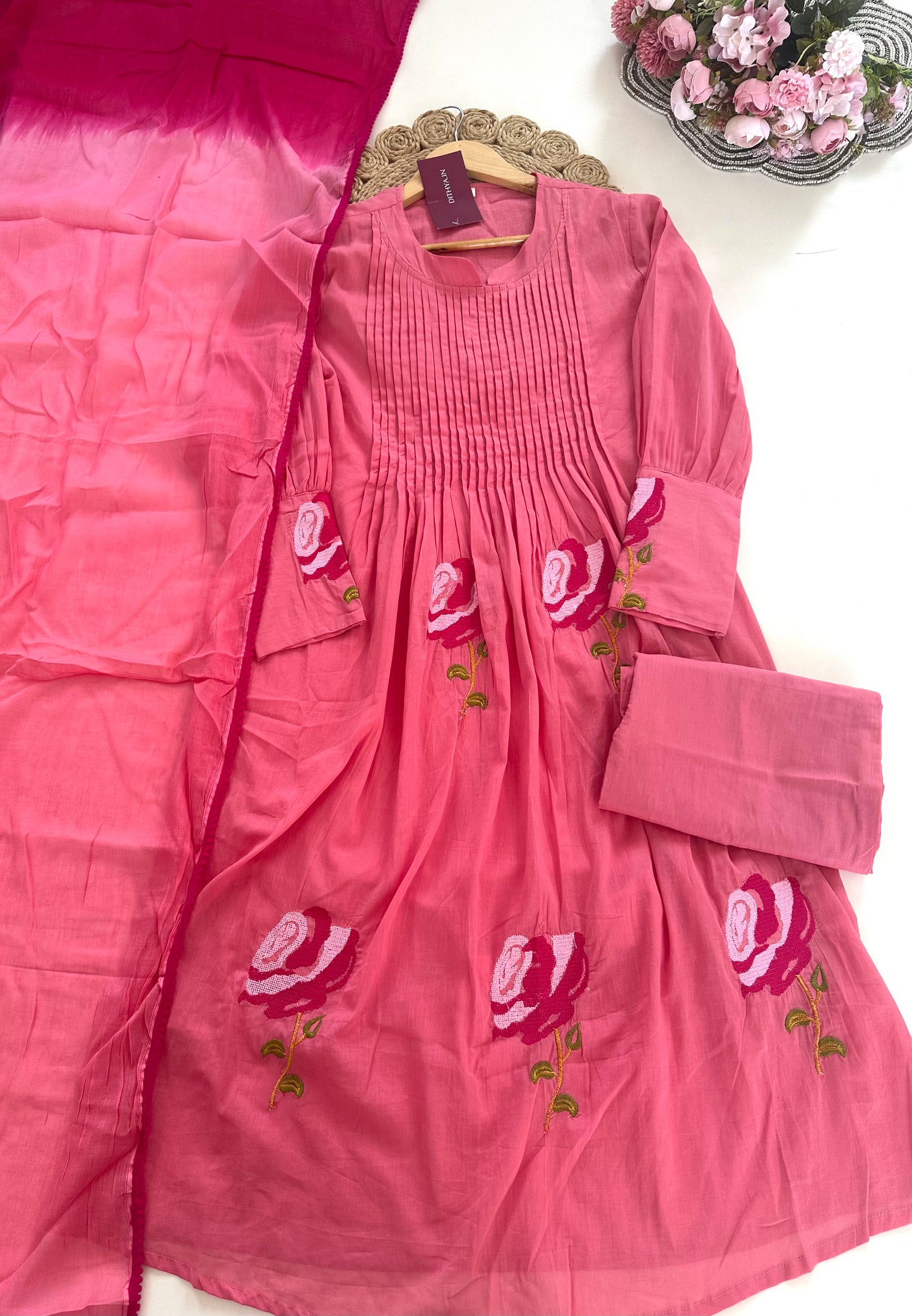K238 - Cotton embroidered Aline Kurti with pants and dupatta