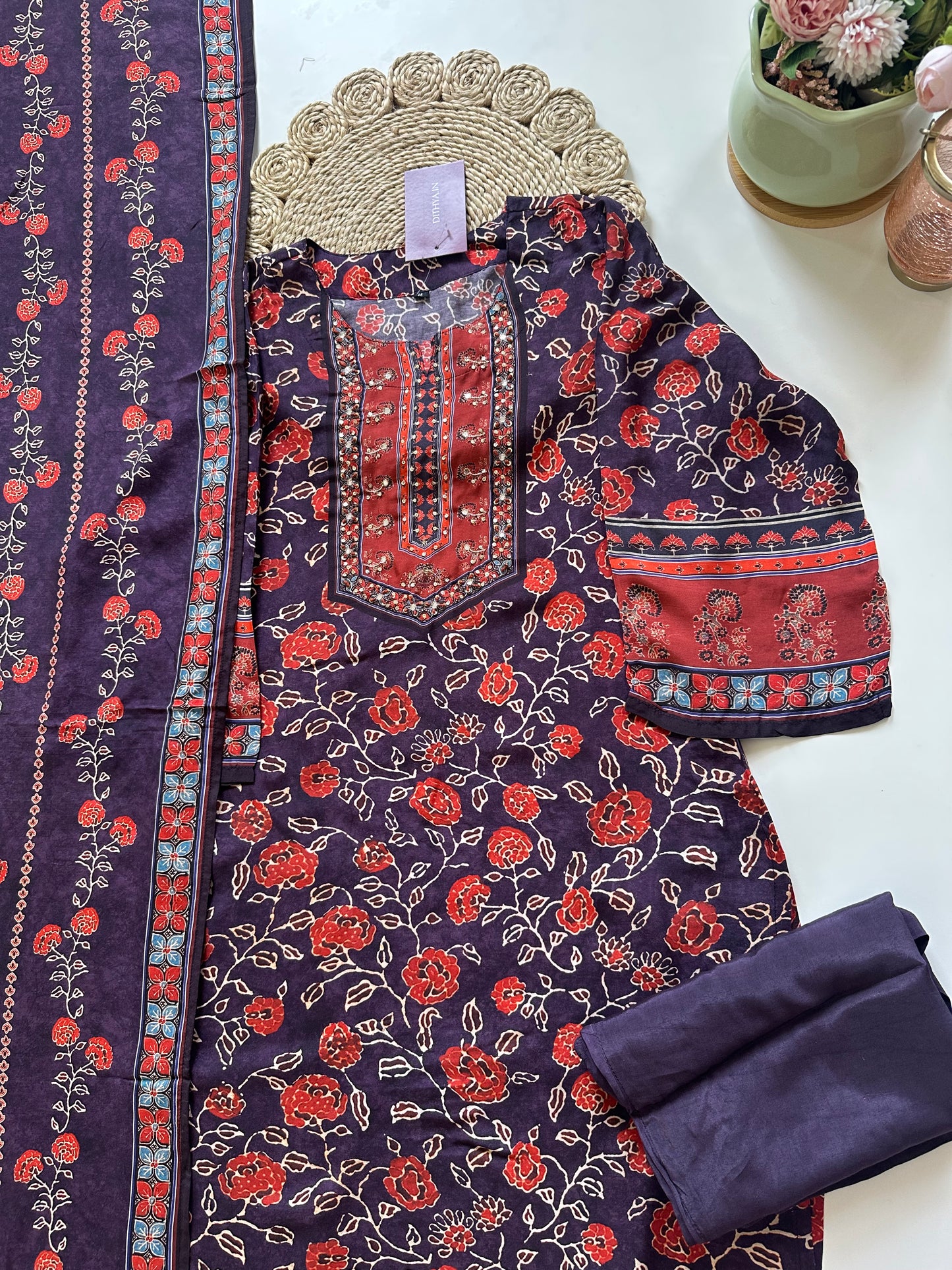 K081 - Muslin silk printed Straight kurti with pants and dupatta .