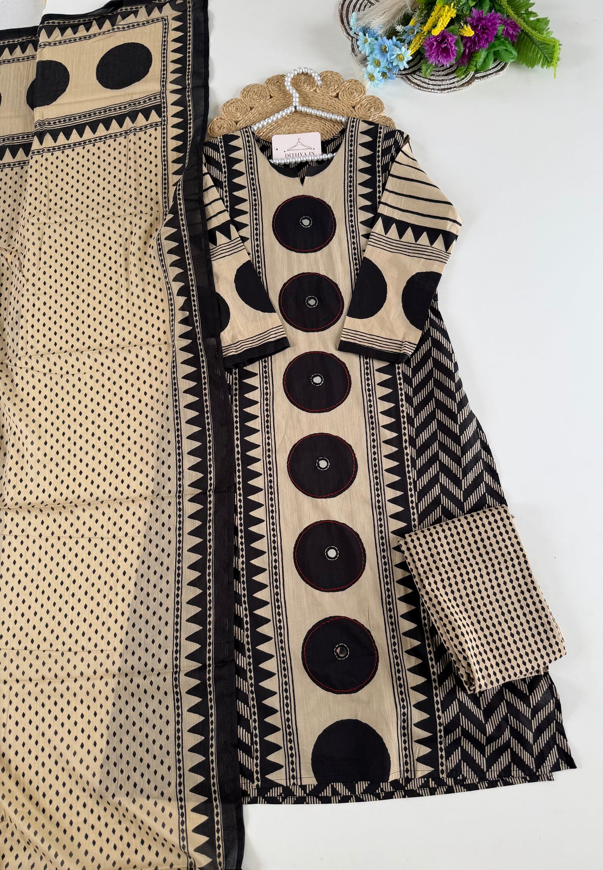 K428 - Cotton embroidered straight Kurti with pants and dupatta