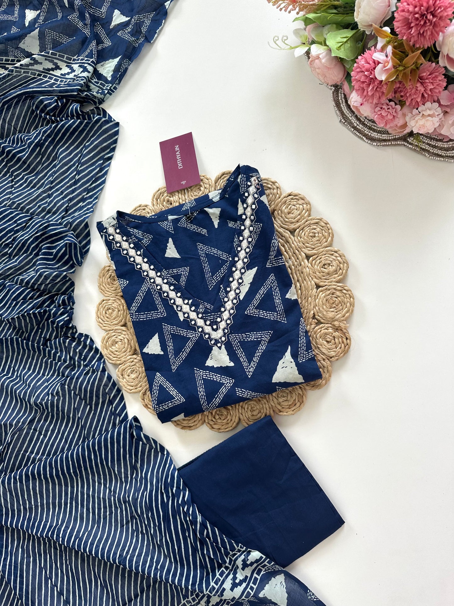 K101 - Cotton printed straight kurti with pants and dupatta.