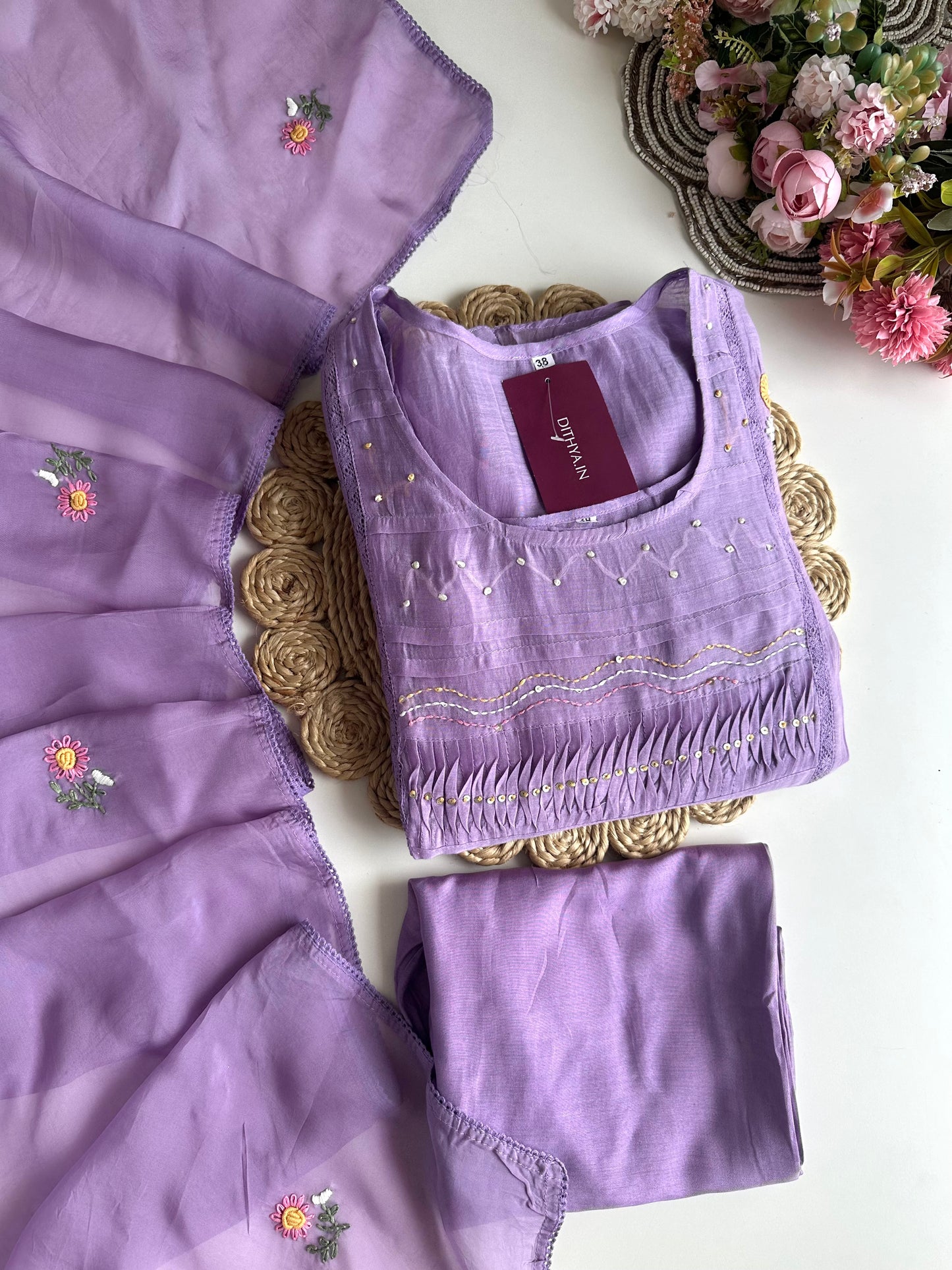 K043 - Mul chanderi embroidered Aline Kurti with pants and dupatta