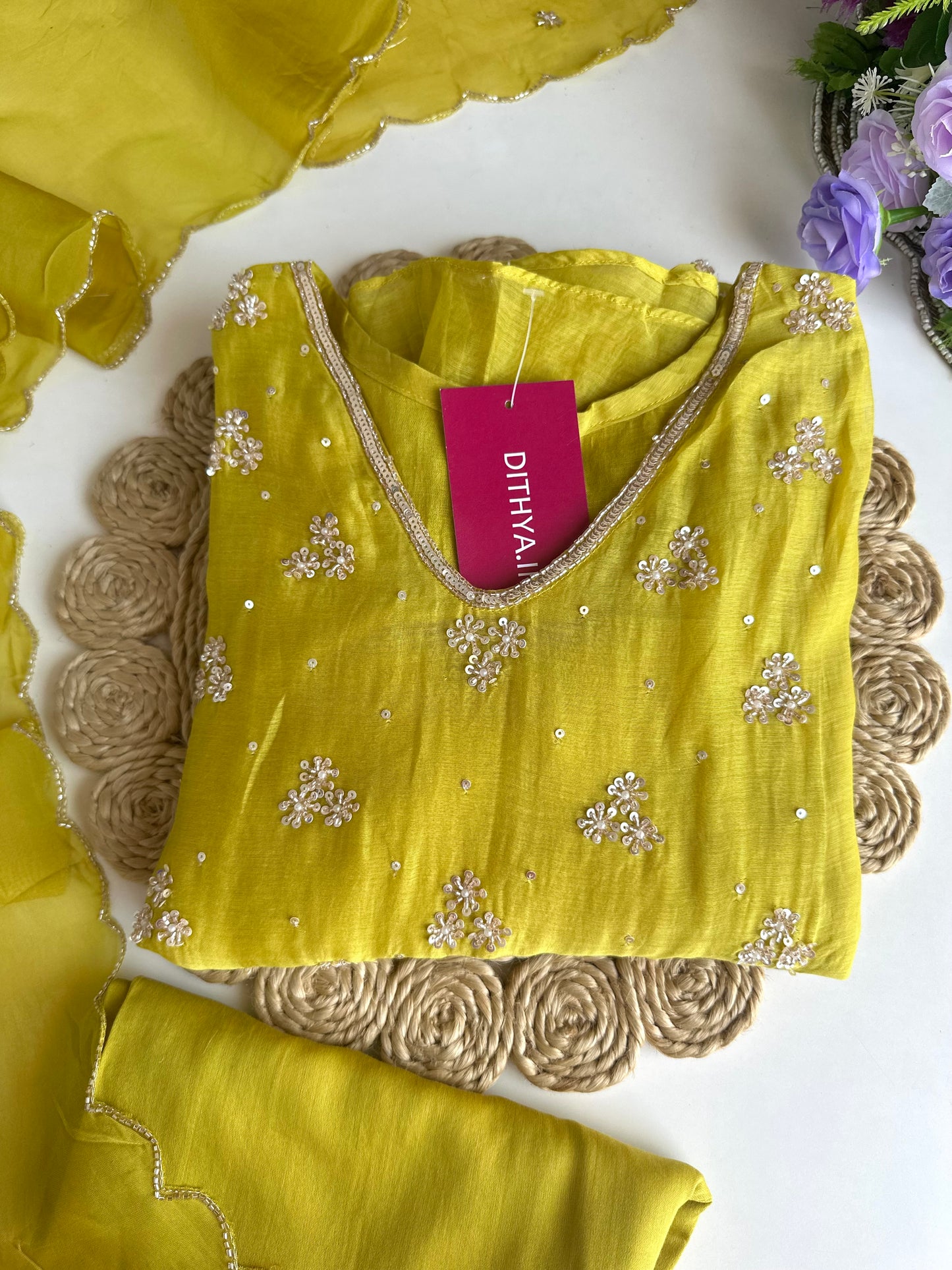 K097 - Mul Chanderi handwork Aline Kurti with pants and dupatta