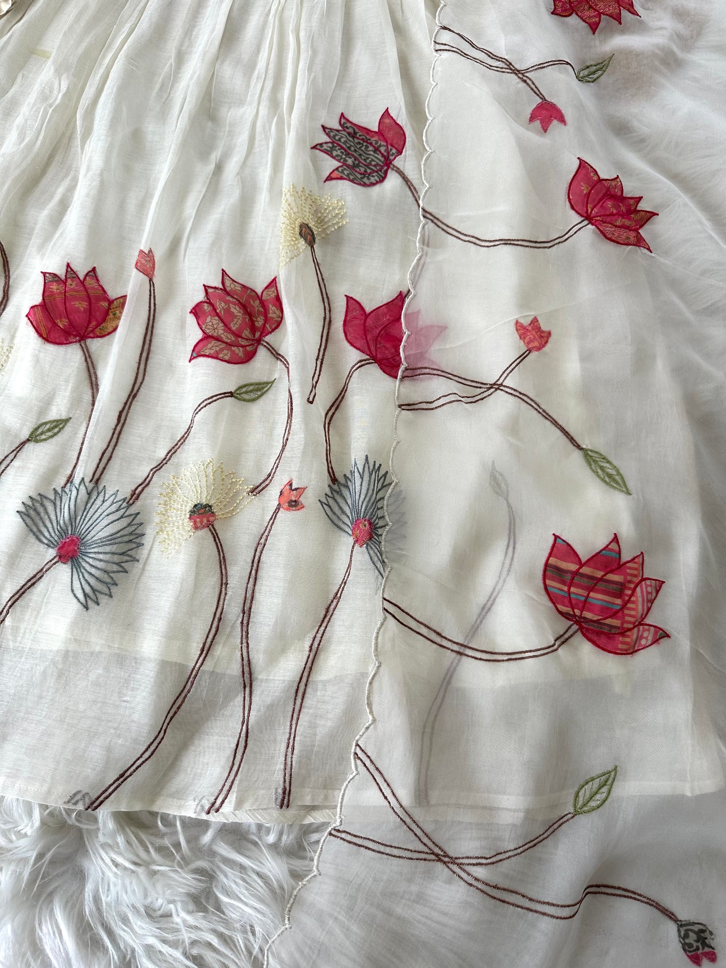 K304 - Mul Chanderi appliqué work Aline Kurti with pants and dupatta in 2 colours
