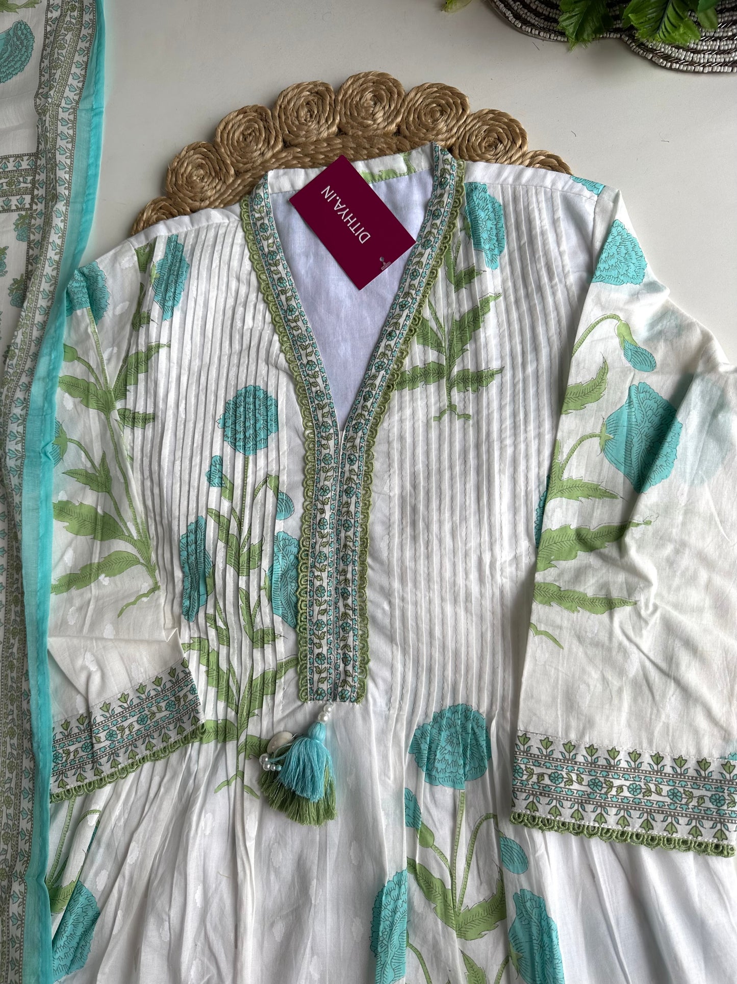 K340 - Mul cotton pintex floral Aline Kurti with pants and dupatta