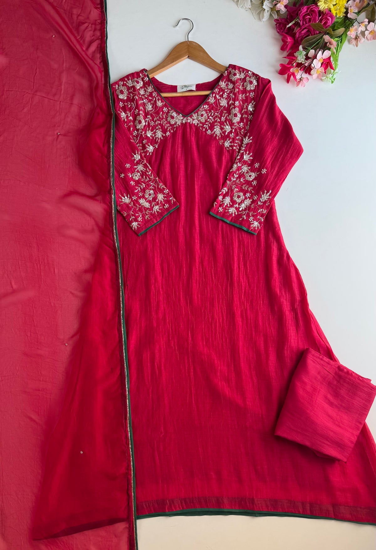 K601 -Mul chanderi handwork Aline Kurti with pants and dupatta