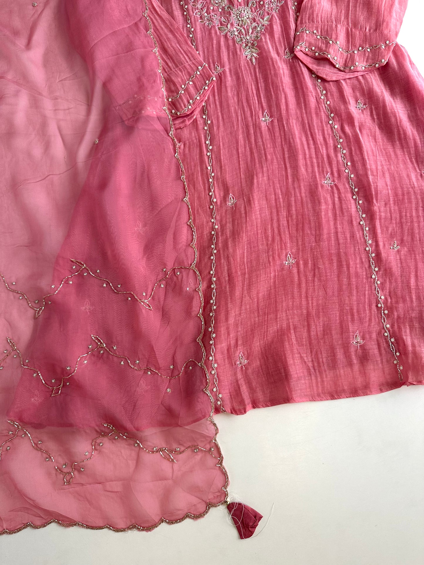 K195 - Mul Chanderi handwork Short Kurti with palazzo and dupatta