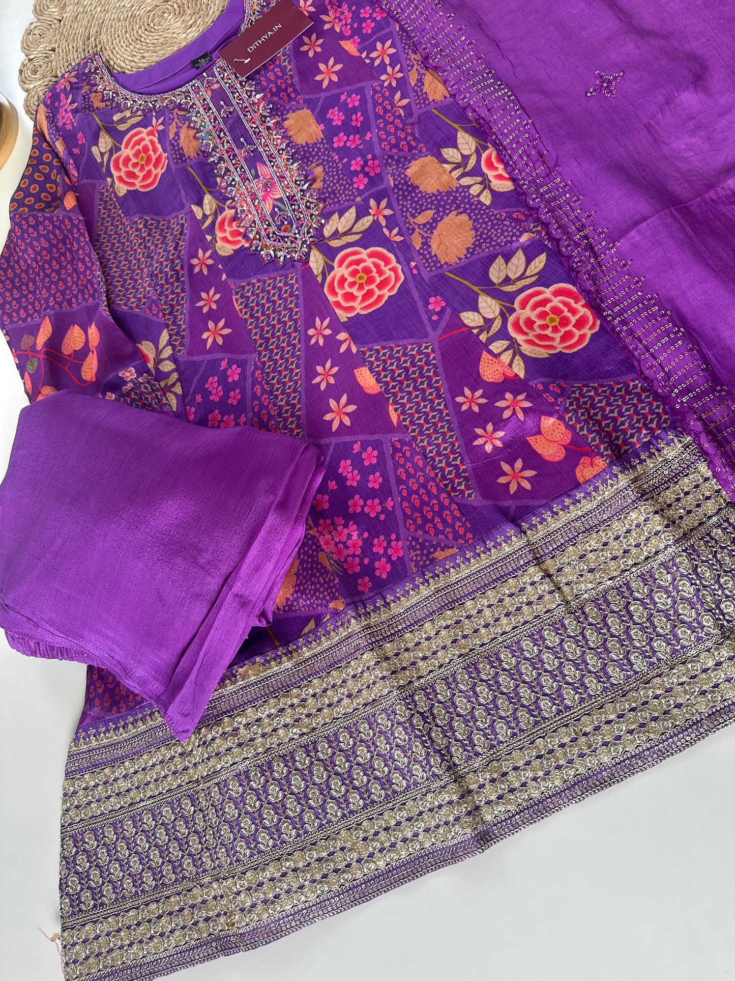 K285 - Russian silk floral peplum kurti with pants and dupatta