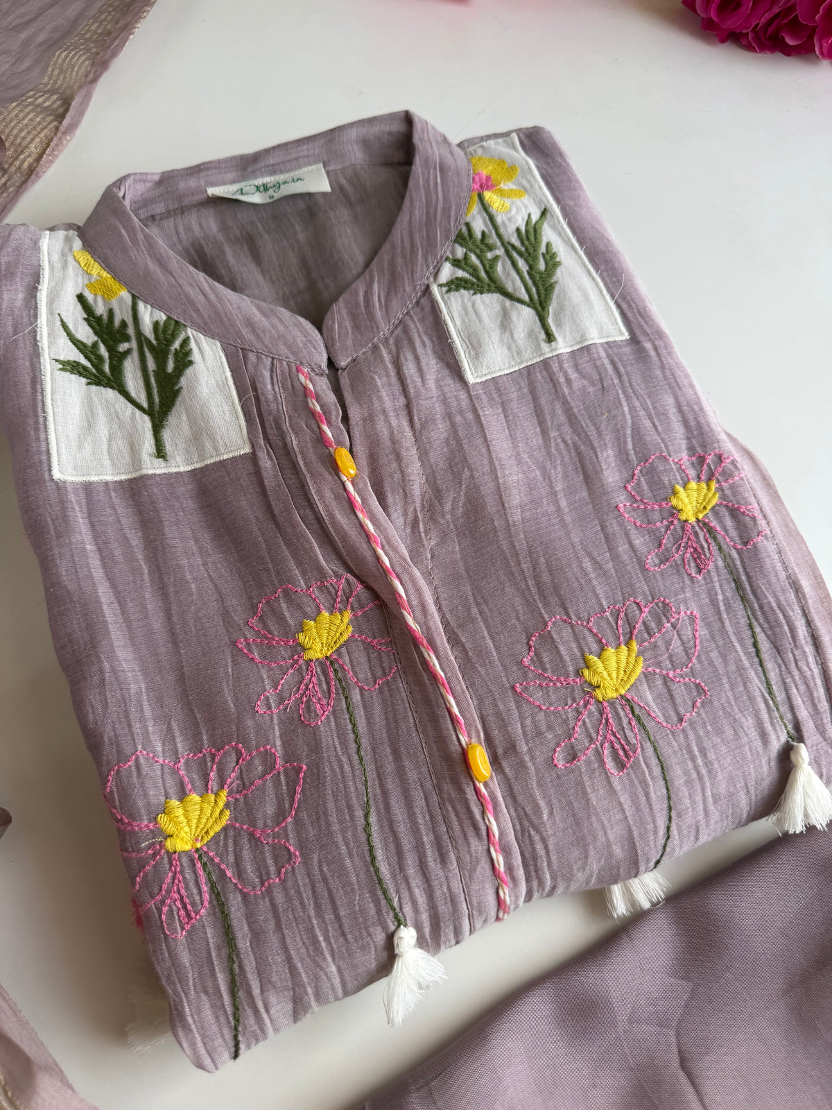 K631 - Mul chanderi appliqué embroidered Aline Kurti with pants and dupatta