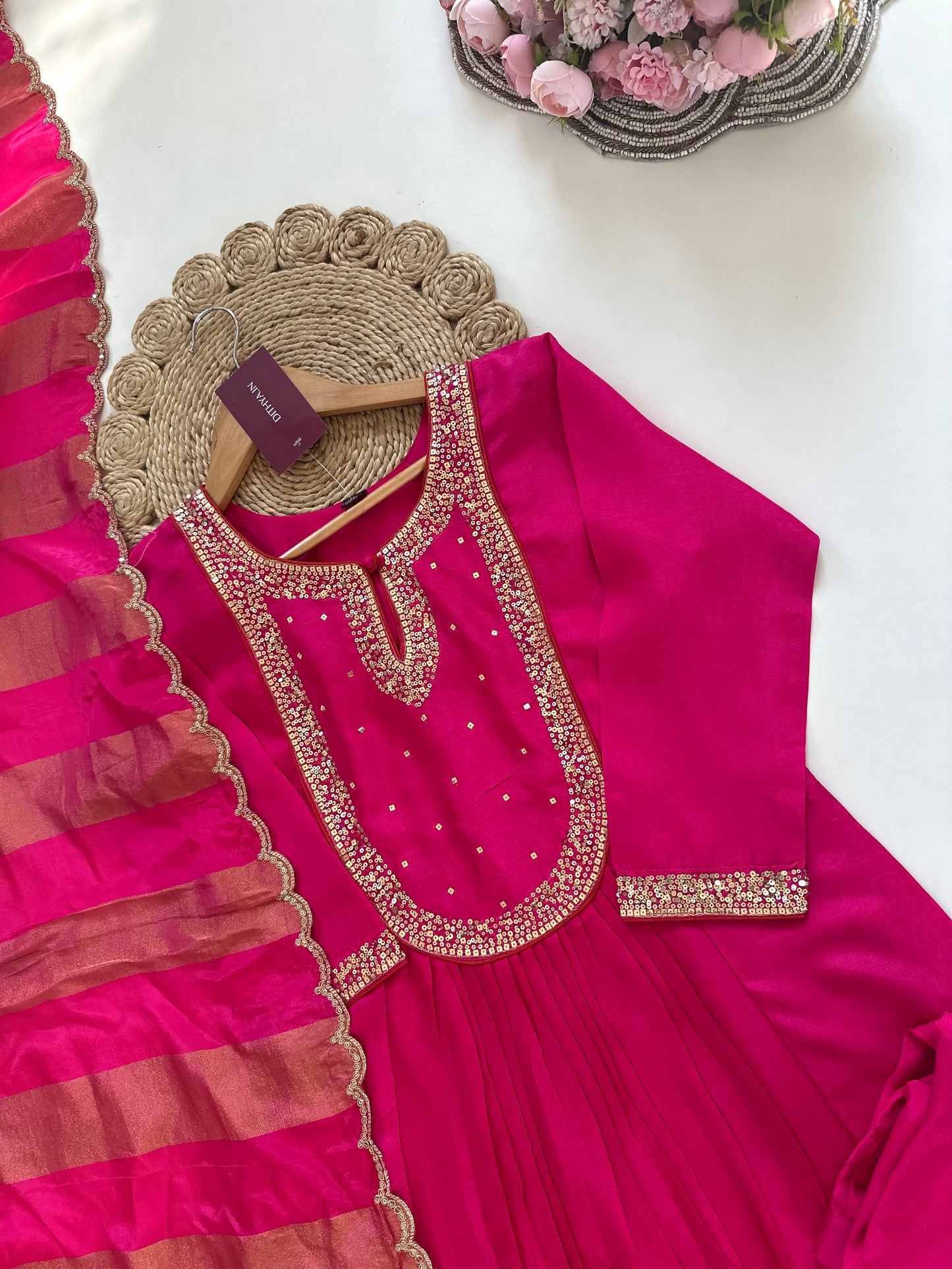 K141 - Russian silk sequins work Aline Kurti with pants and dupatta