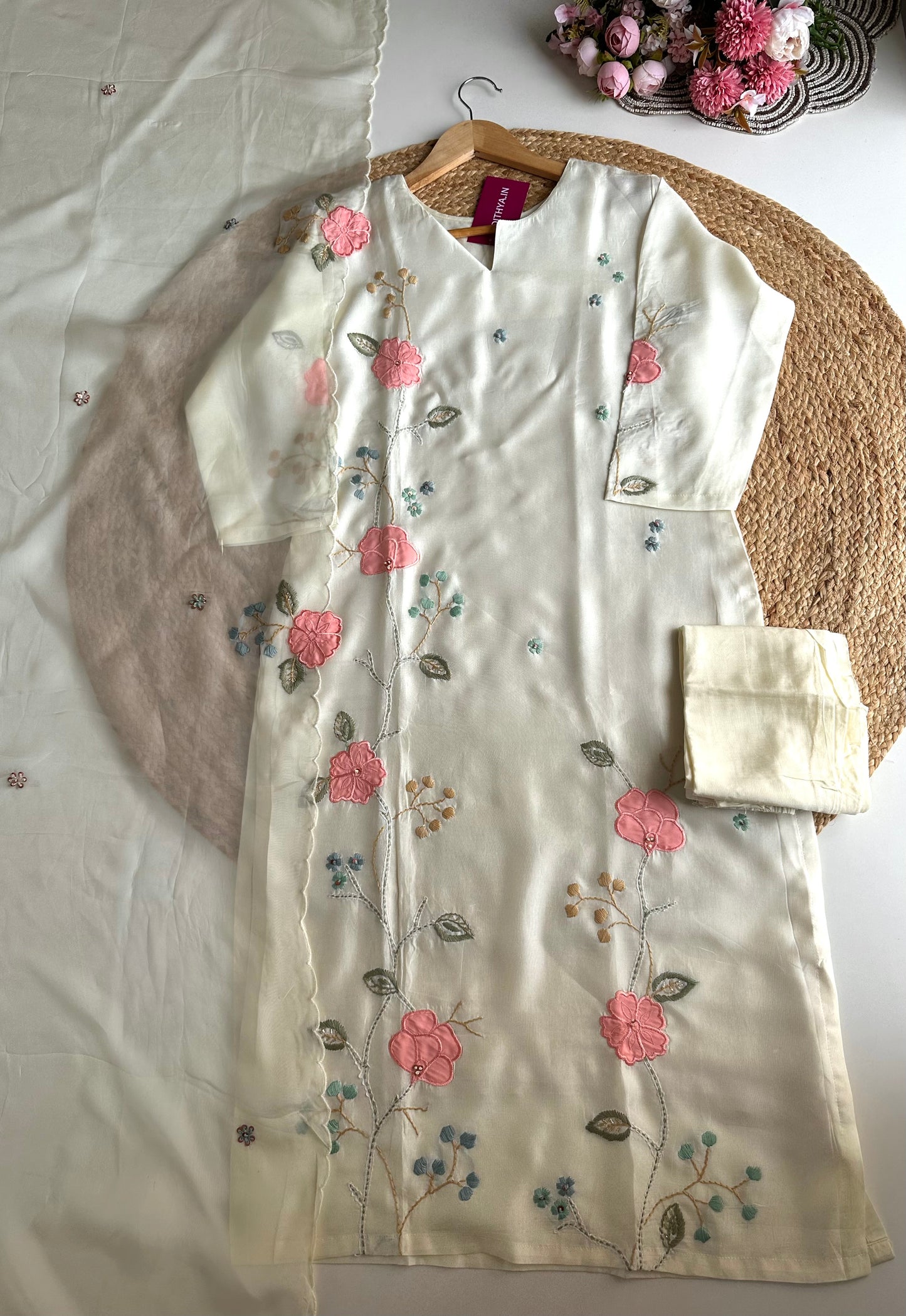 K139 - Russian silk Appliqué work straight Kurti with pants and dupatta