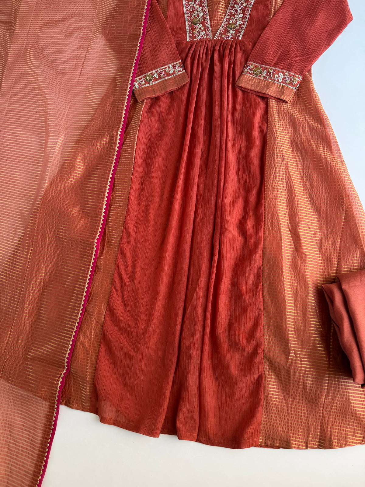 K339 - Crushed Surat Mul chanderi embroidered Anarkali with pants and dupatta