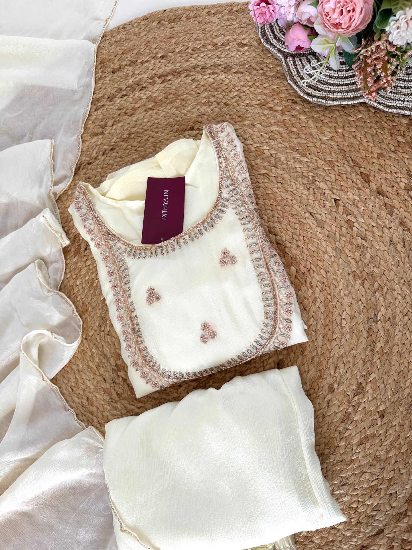 K159 - Chinnon Zardosi work straight kurti with pants and dupatta .