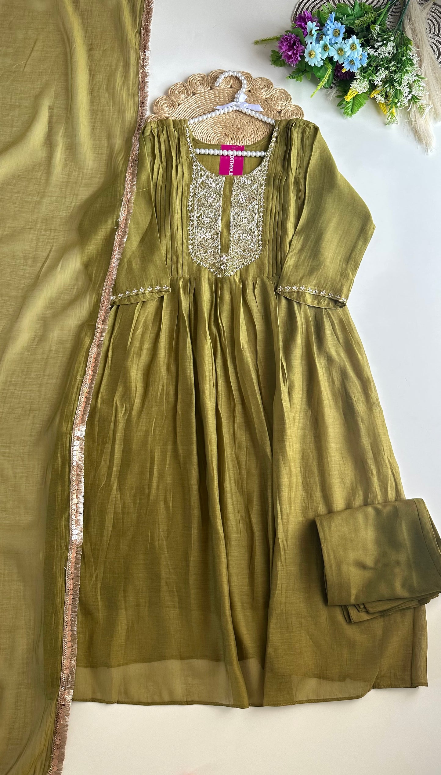 K041 - Mul Chanderi handwork Anarkali with pants and dupatta