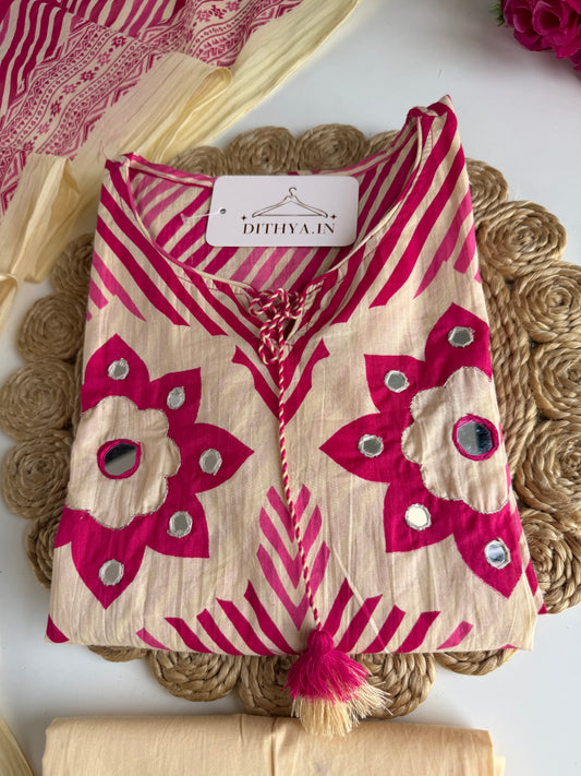 K725 - Mul cotton embroidered straight Kurti with pants and dupatta
