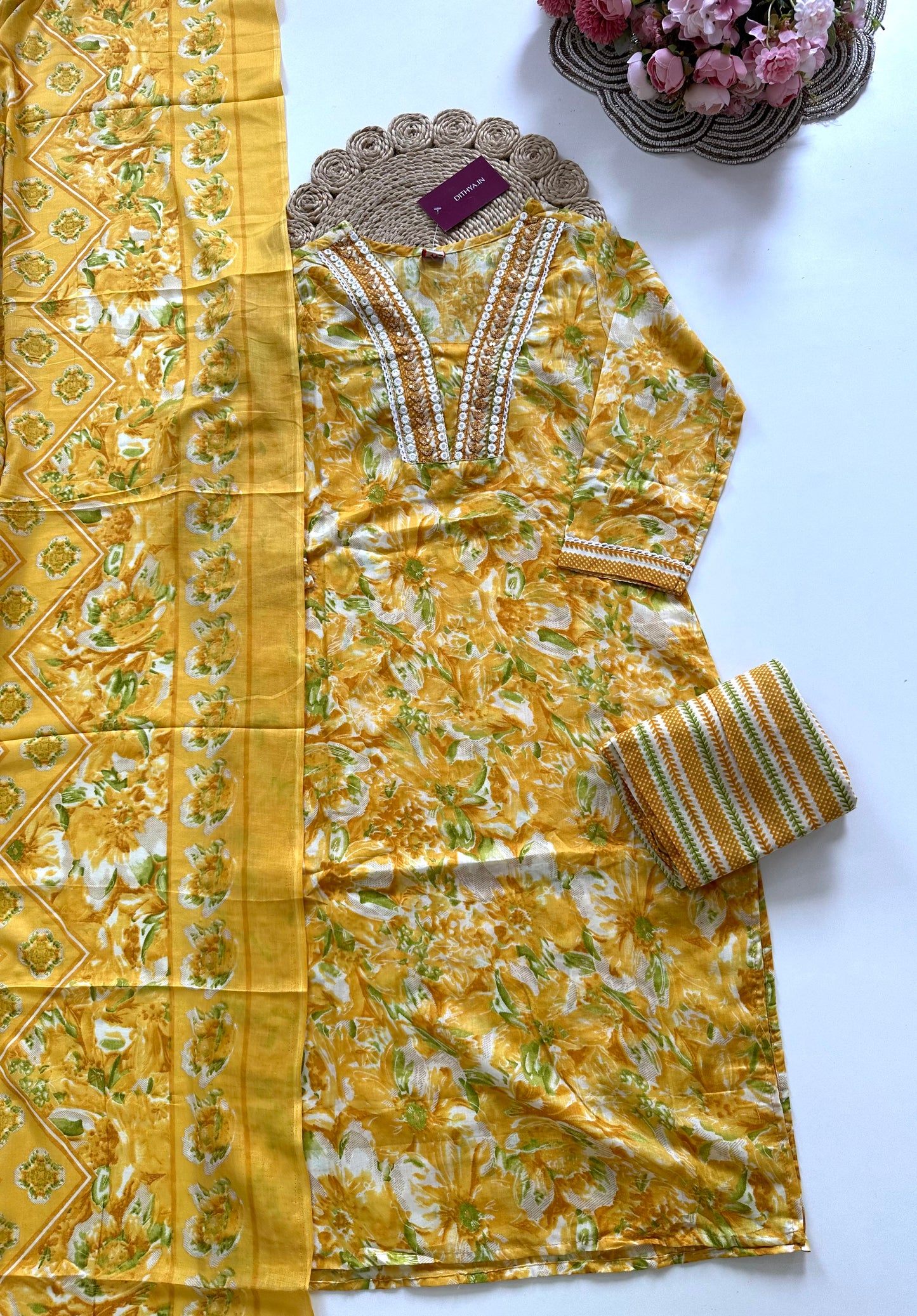 K387 - Cotton floral straight Kurti with pants and dupatta in 4 colours