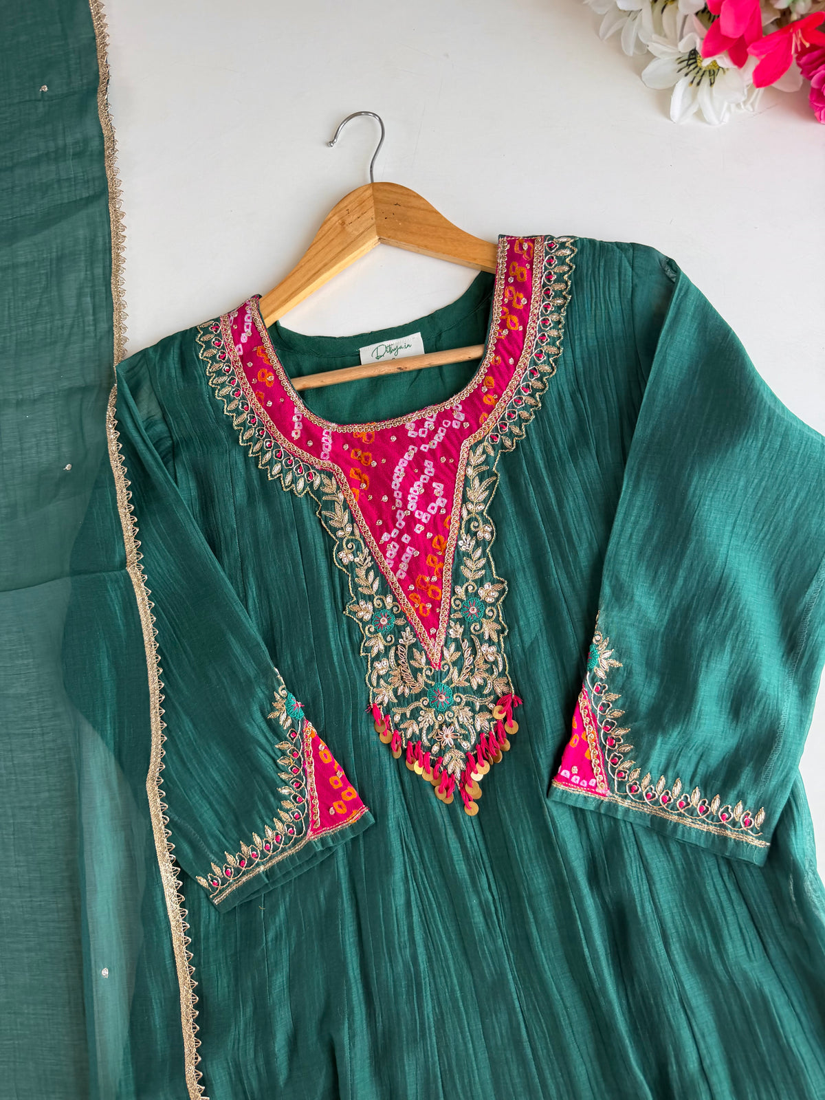 K646 - Mul chanderi bandhini handwork Anarkali with pants and dupatta