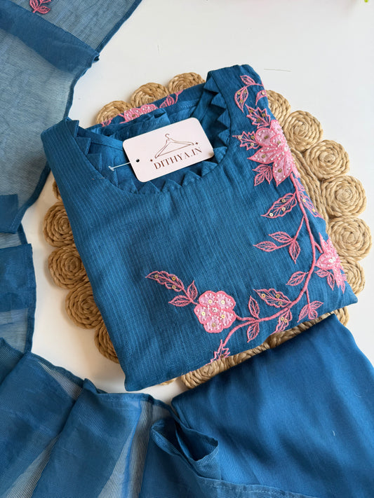K390 - Kota doriya handwork appliqué Aline Kurti with pants and dupatta