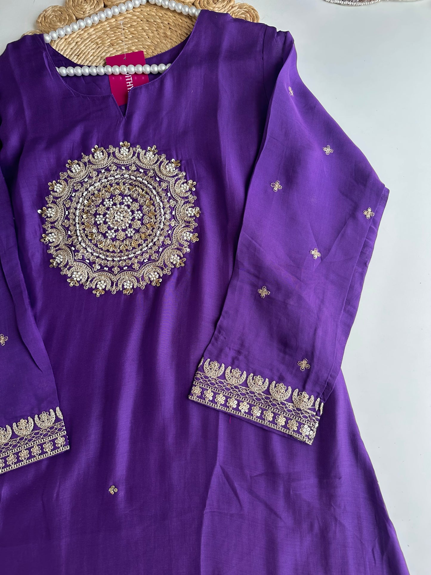 K115 - Russian silk handwork Aline Kurti with pants and dupatta