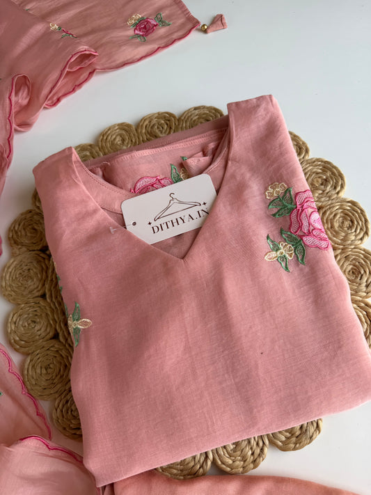 K648 - Surat Mul chanderi embroidered straight Kurti with pants and dupatta