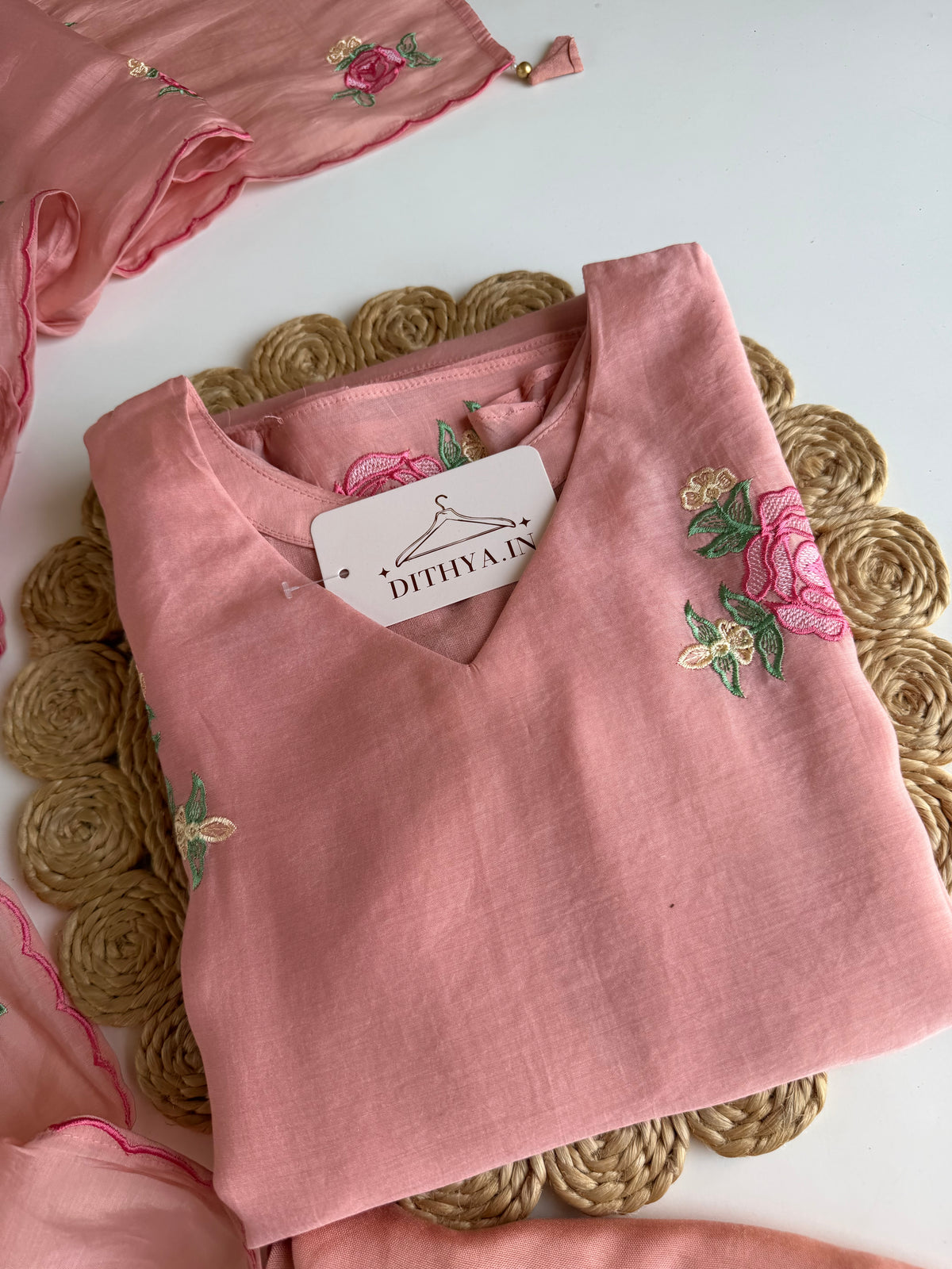 K648 - Surat Mul chanderi embroidered Aline Kurti with pants and dupatta