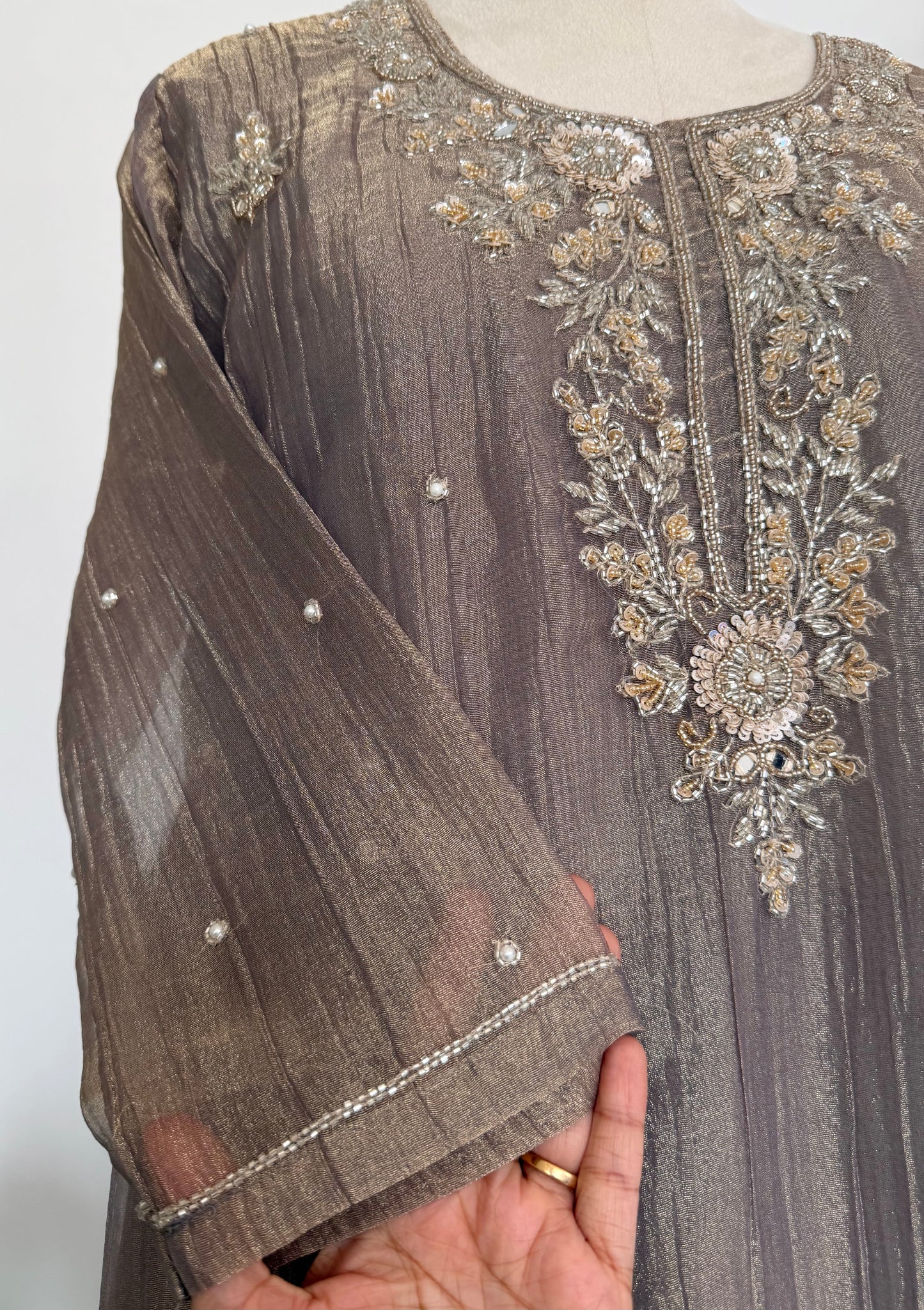 K712 - Glass crush tissue handwork Anarkali with pants and dupatta in 2 colours