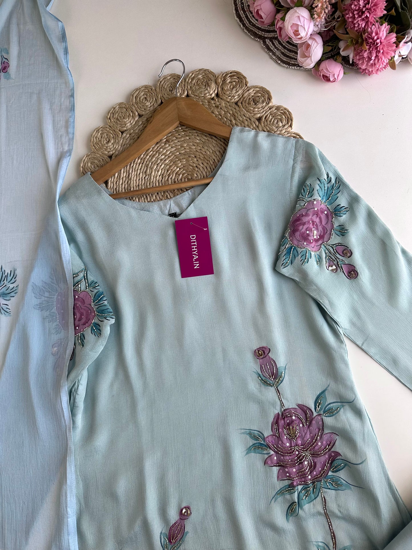 K325 - Pure Chinnon handwork Aline Kurti with pants and dupatta