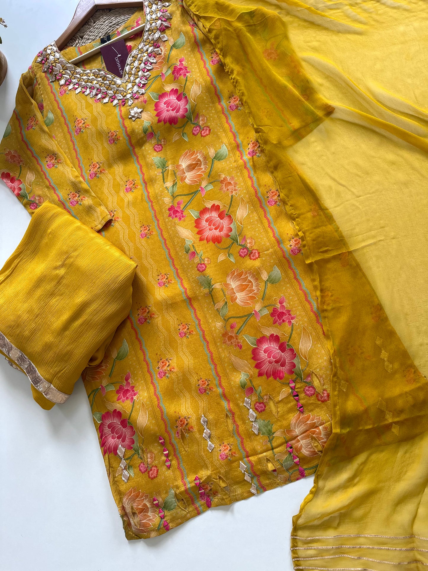 K239 - Chinnon Floral Gota work kurti with palazzo and dupatta.