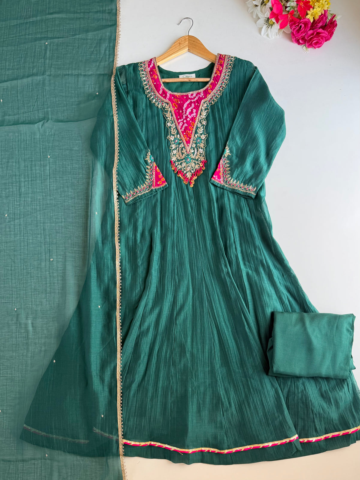 K646 - Mul chanderi bandhini handwork Anarkali with pants and dupatta