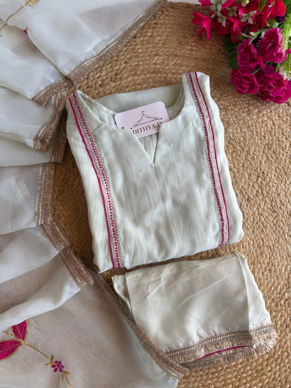 K323 - Mul Chanderi gota handwork aline Kurti with pants and dupatta