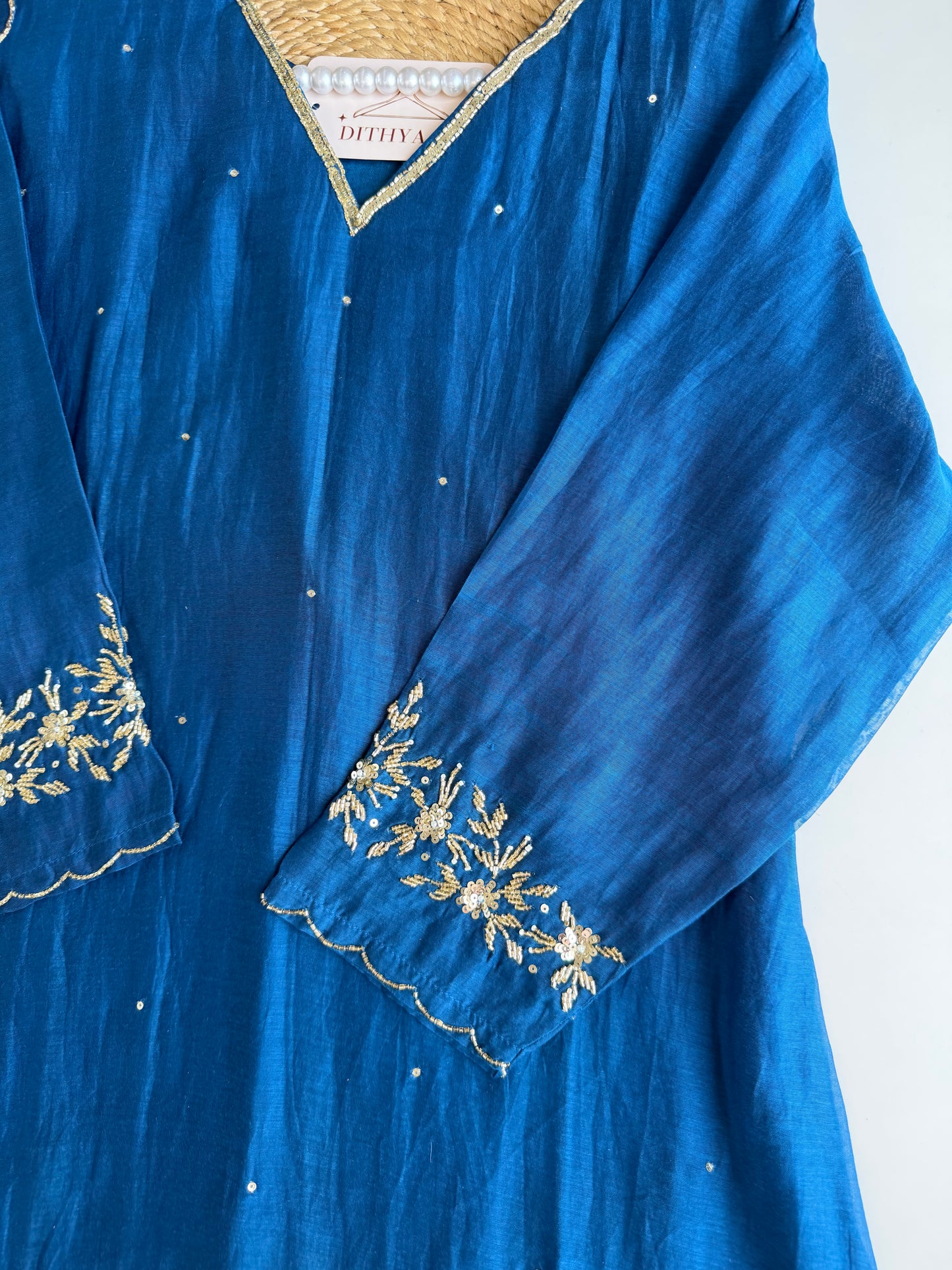 K529 - Mul chanderi handwork Aline Kurti with pants and dupatta in 2 colours
