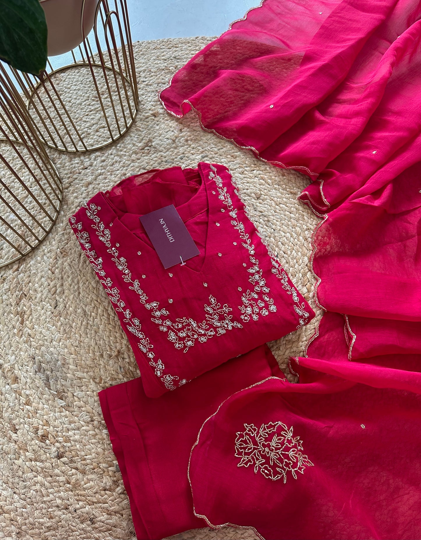 K229 - Mul Chanderi Handwork Aline Kurti with pants and dupatta in 2 colours