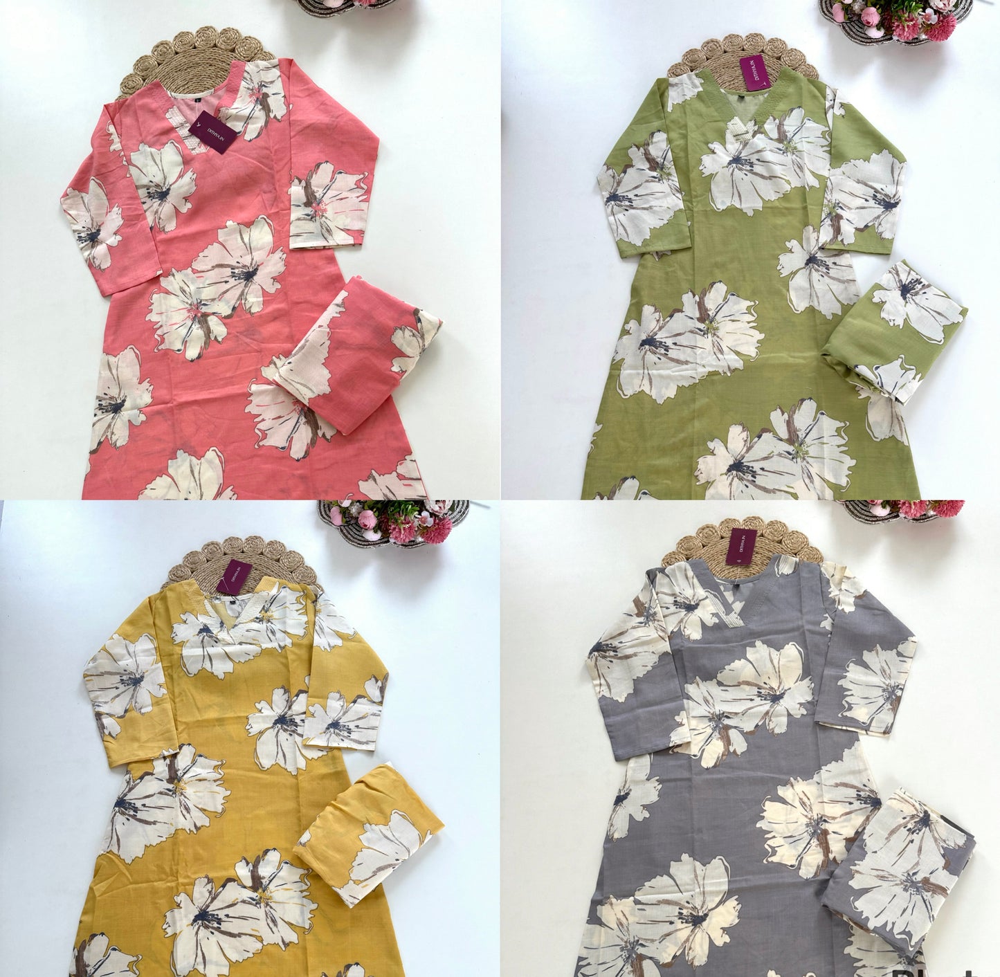 K187 - Cotton floral Kurti with pants in 4 colours