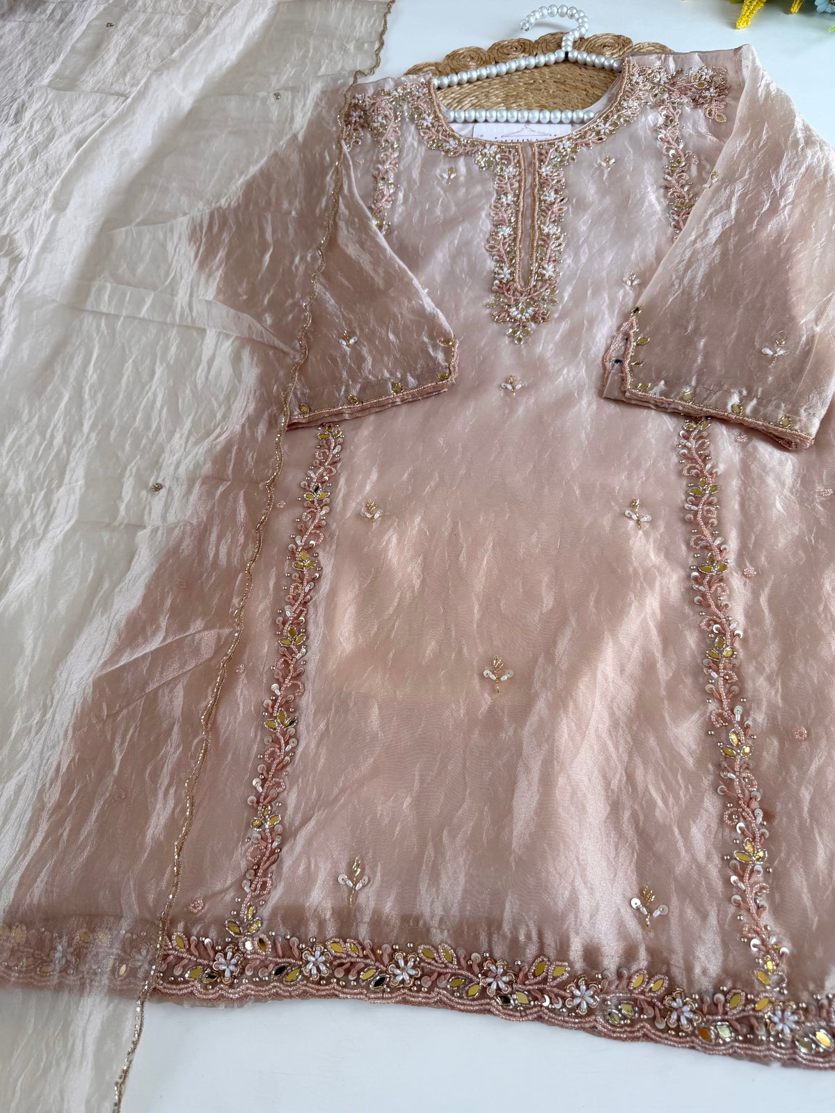 K045 - Glass tissue handwork short Kurti with divider pants and dupatta
