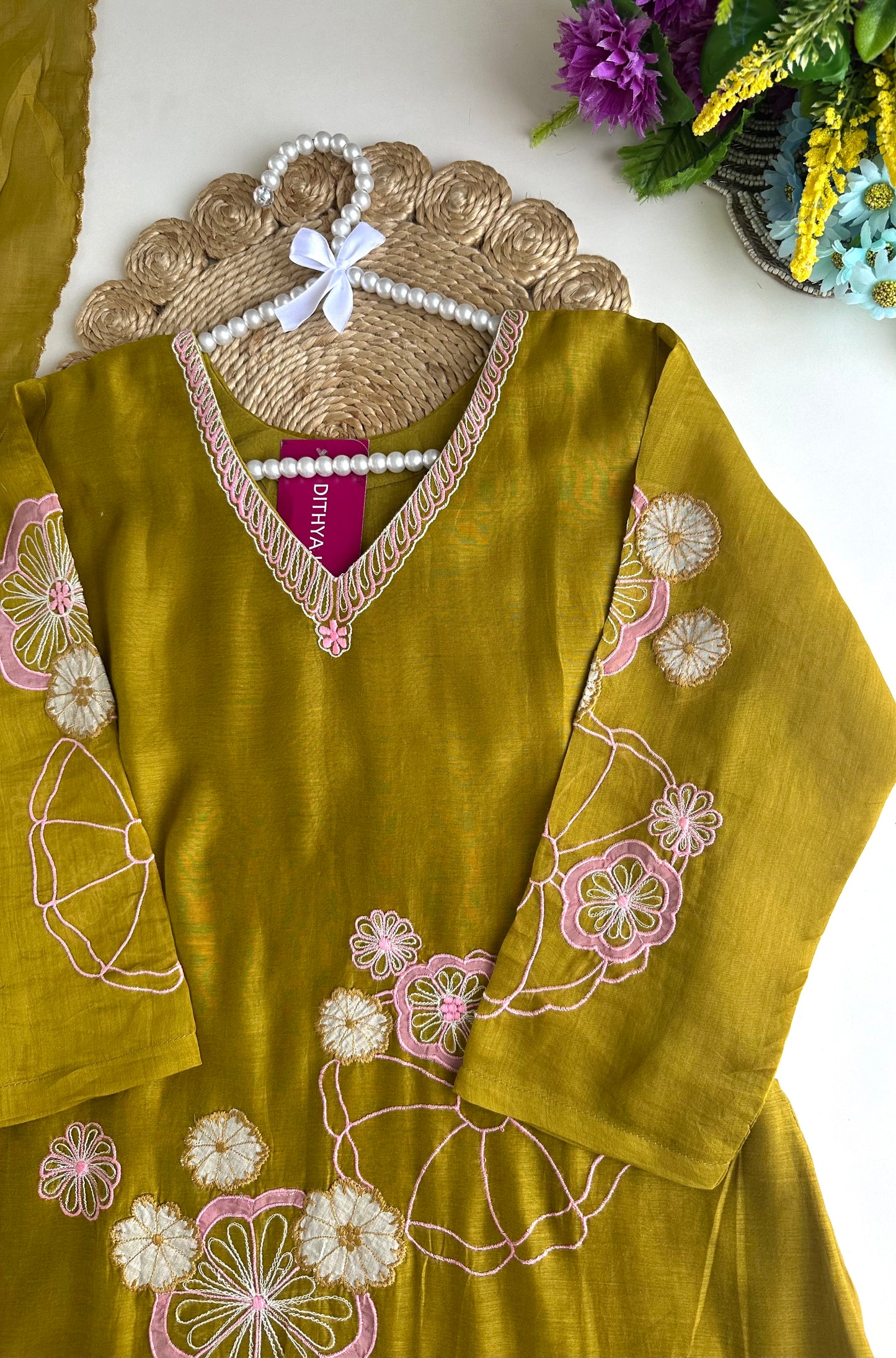 K292 - Mul Chanderi Appliqué work Aline Kurti with pants and dupatta